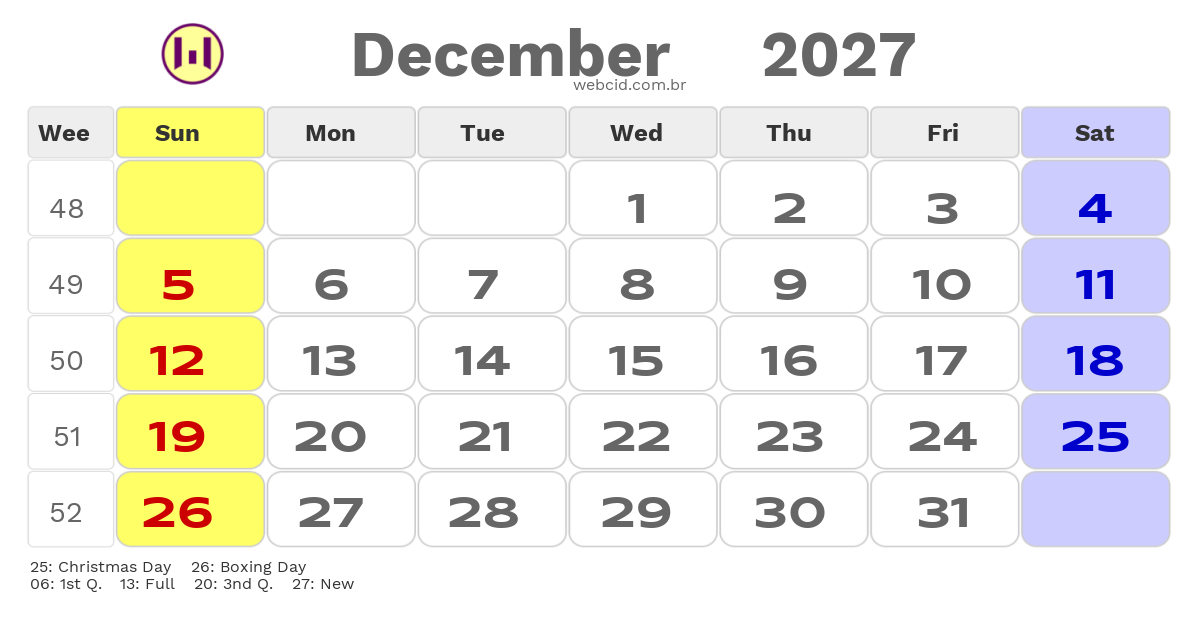 Calendar 2027 - December - Guyana com feriados e fases da lua