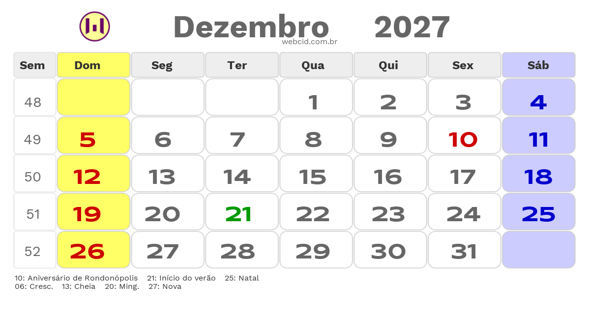 Calendário 2027 - Dezembro - Rondonópolis-MT com feriados e fases da lua