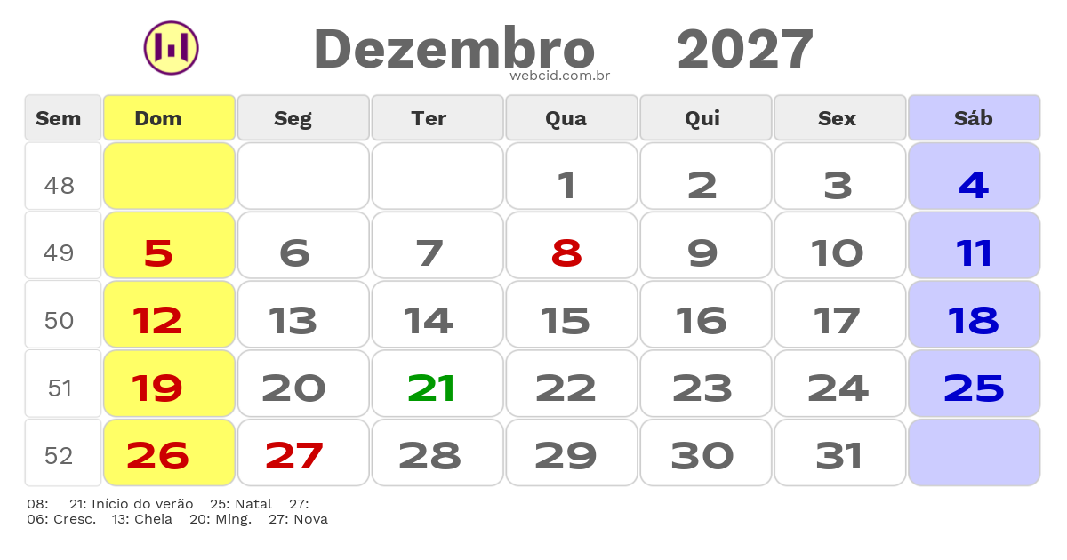 Calendário 2027 - Dezembro - Estiva-MG com feriados e fases da lua