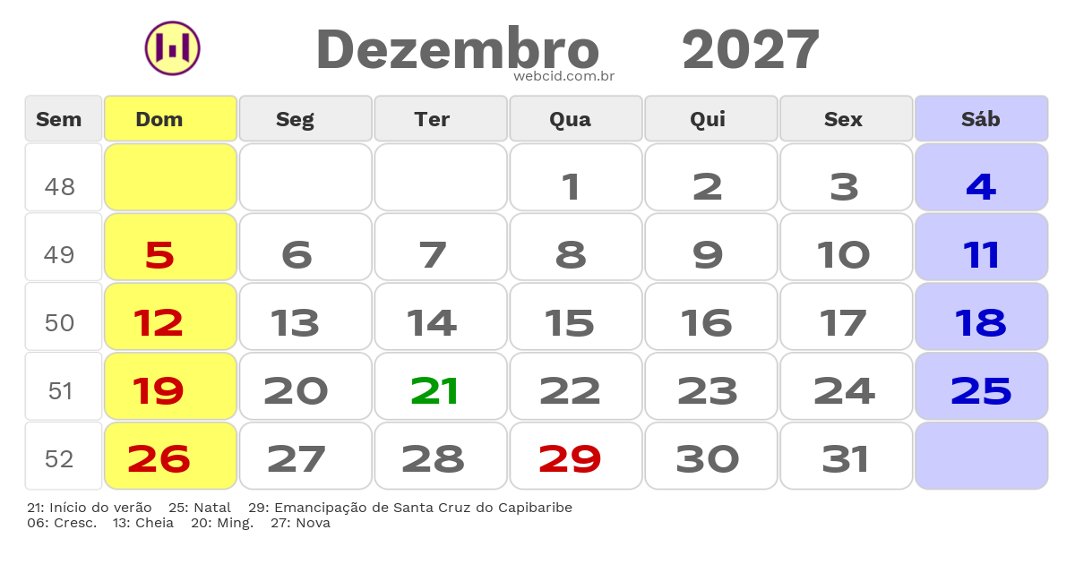 Calendário 2027 - Dezembro - Santa Cruz do Capibaribe-PE com feriados e fases da lua