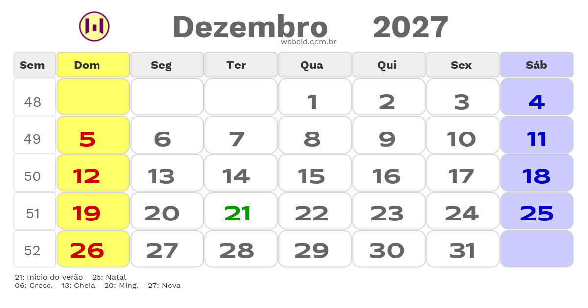 Calendário 2027 - Dezembro - Natal-RN com feriados e fases da lua