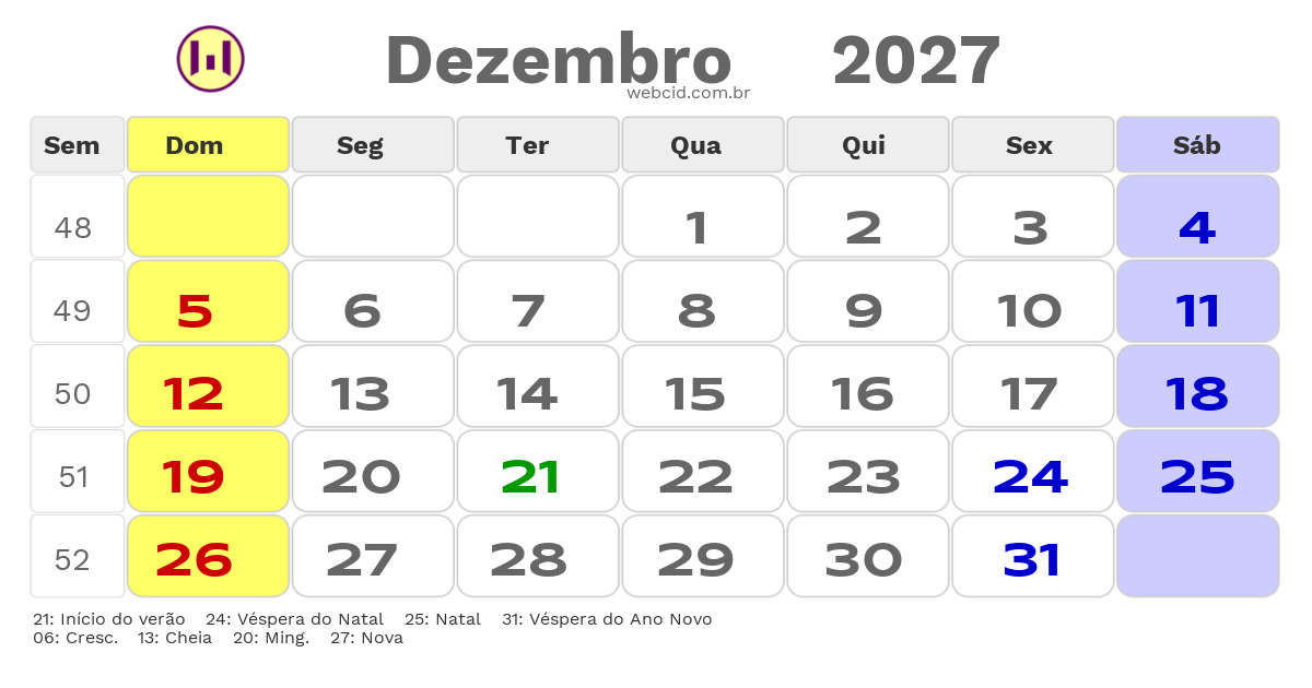 Calendário 2027 - Dezembro - São José dos Campos-SP com feriados e fases da lua