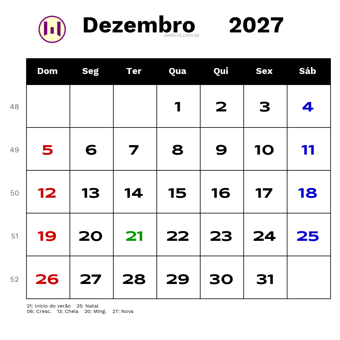 Calendário 2027 - Dezembro - Brasil com feriados e fases da lua