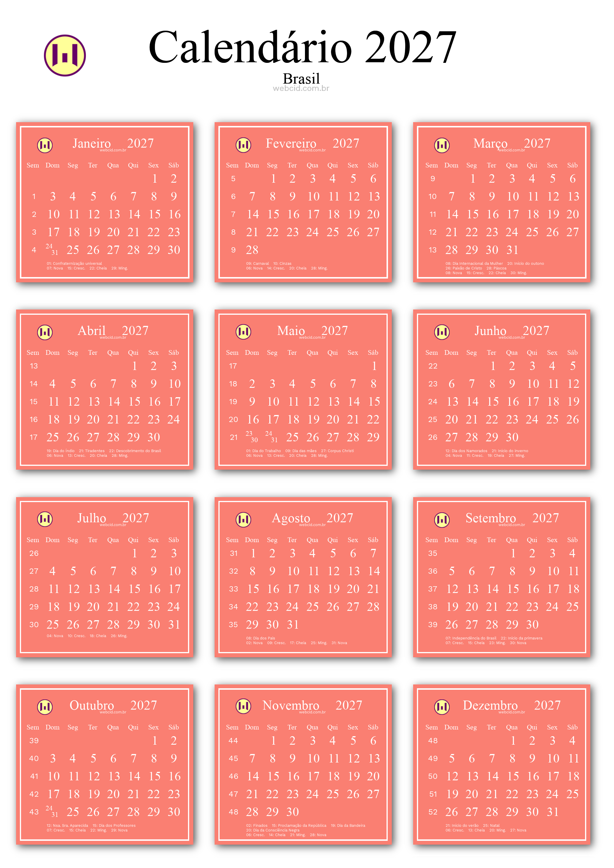 Calendário 2027 - Brasil com feriados e fases da lua