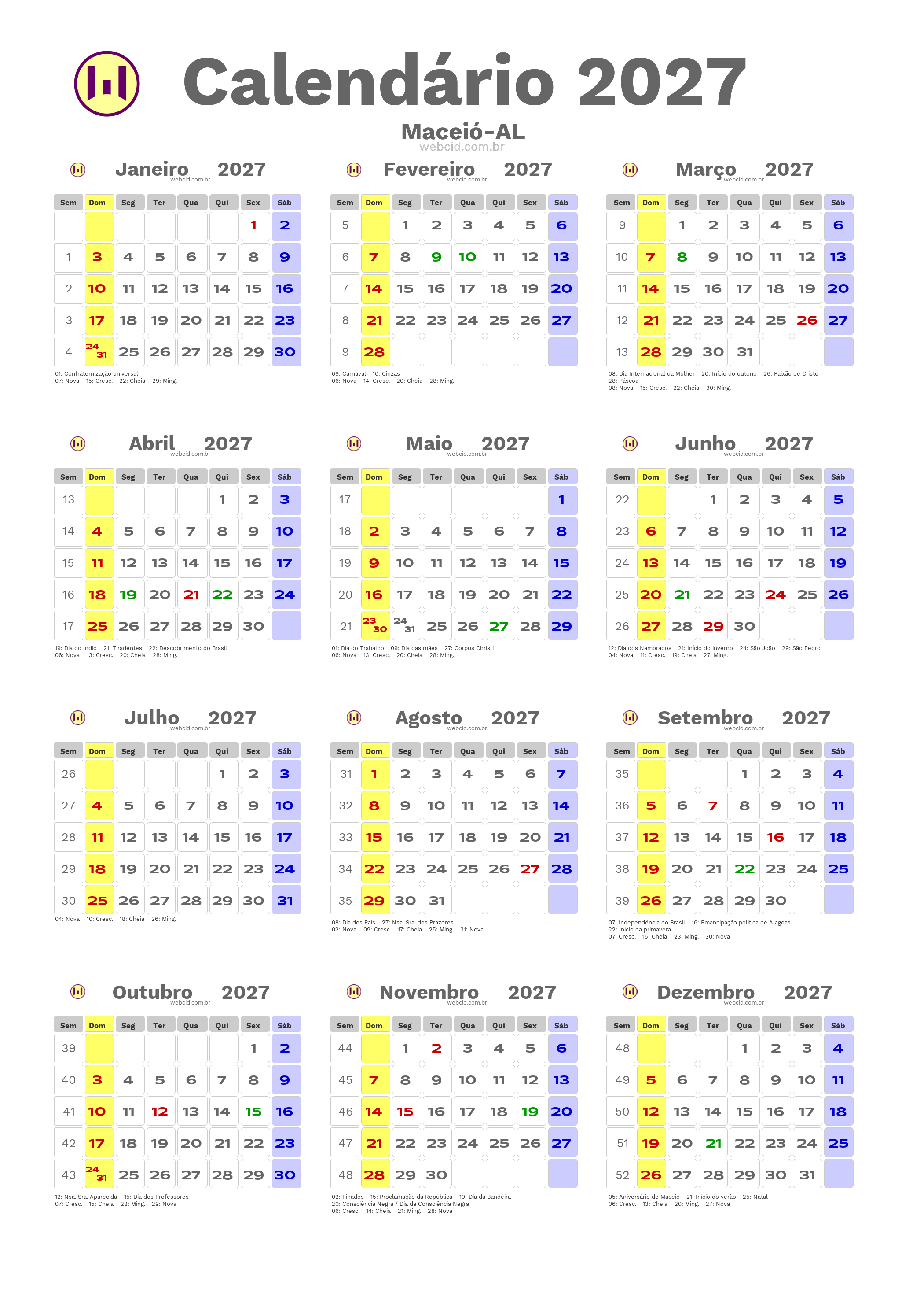 Calendário 2027 - Maceió-AL com feriados e fases da lua