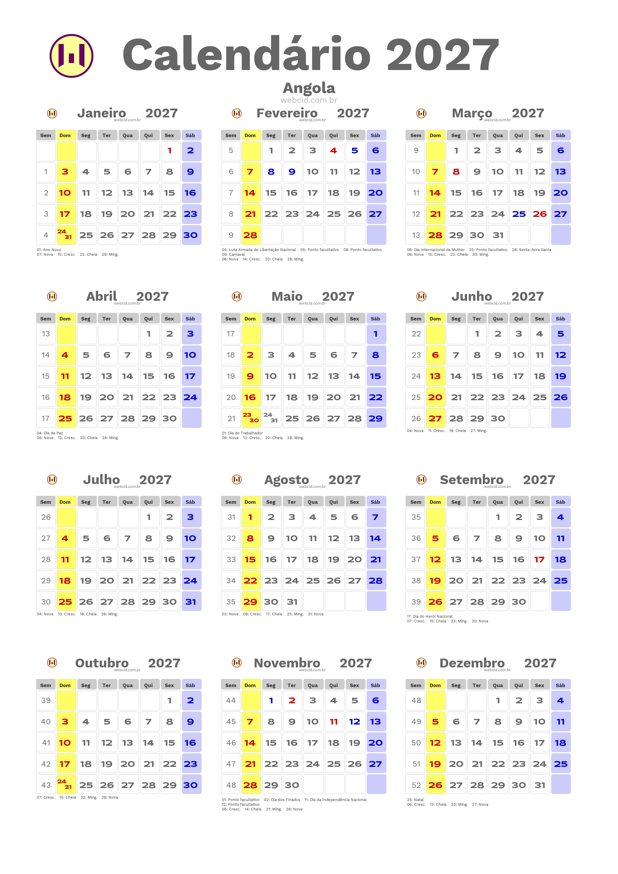 Calendário 2027 - Angola com feriados e fases da lua