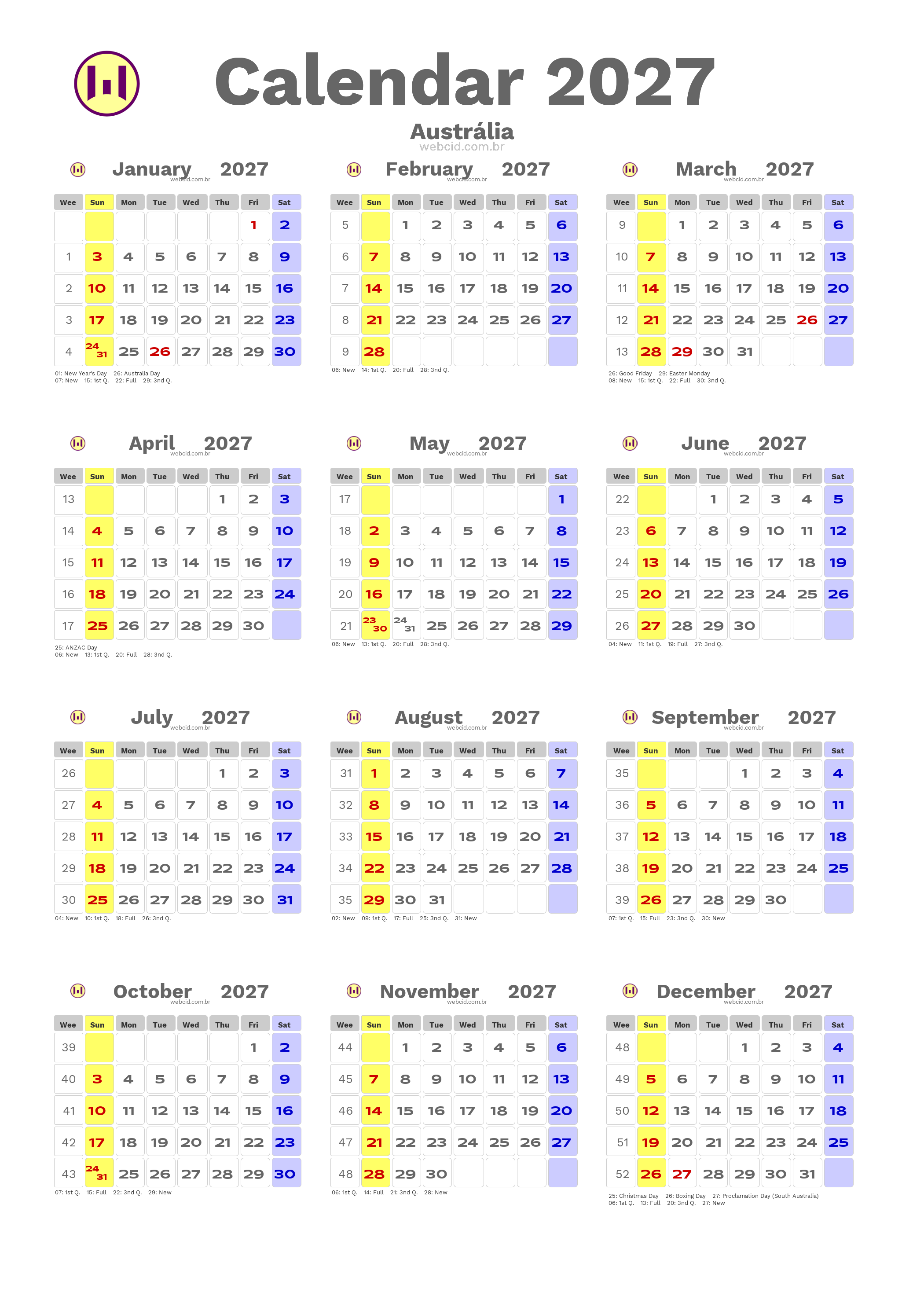 Calendar 2027 - Austrália com feriados e fases da lua