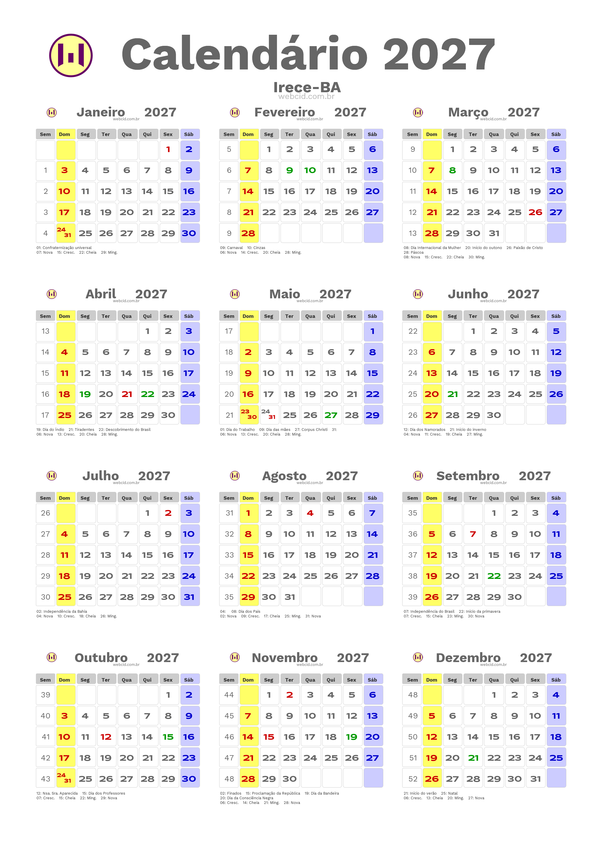 Calendário 2027 - Irece-BA com feriados e fases da lua