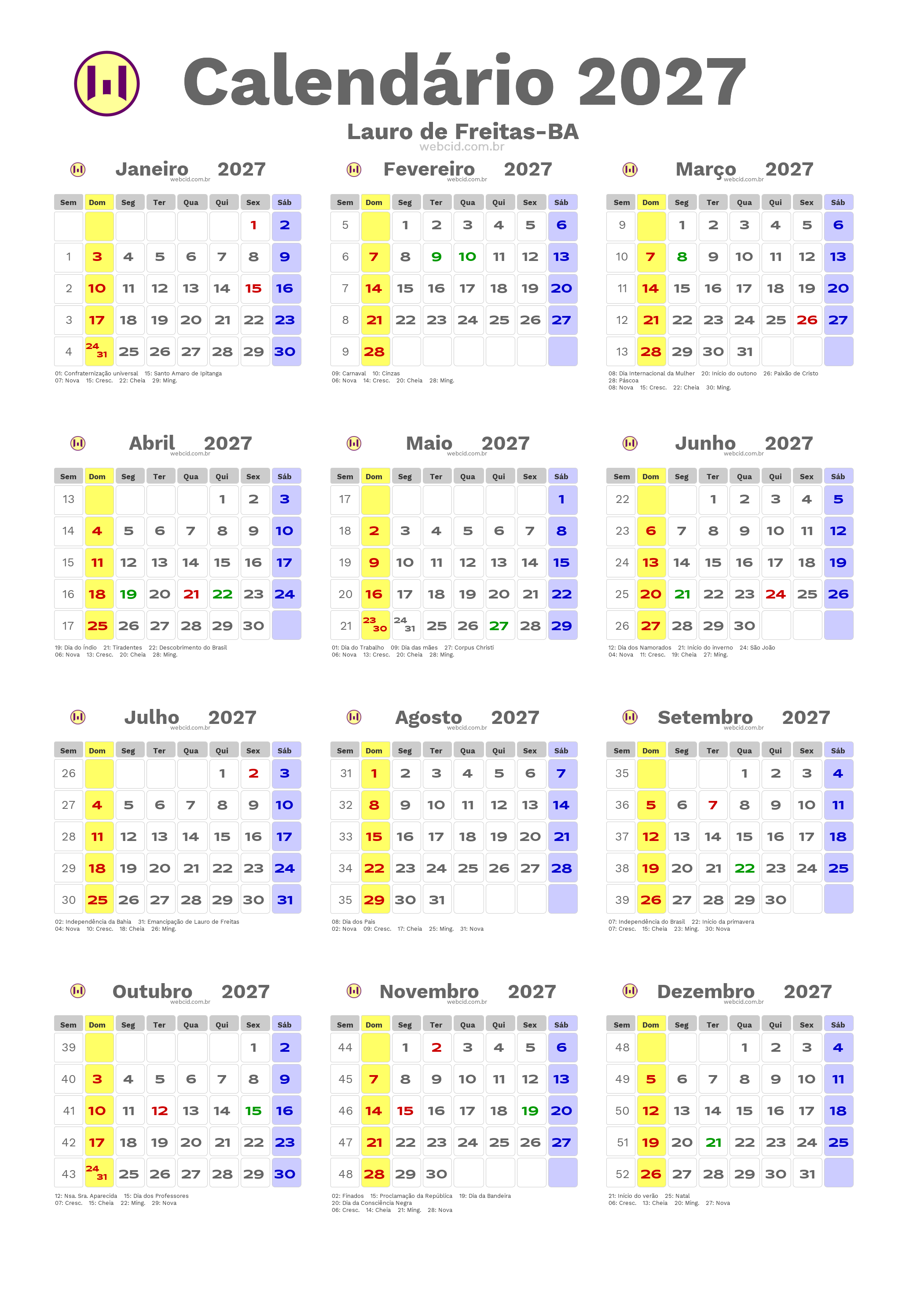 Calendário 2027 - Lauro de Freitas-BA com feriados e fases da lua
