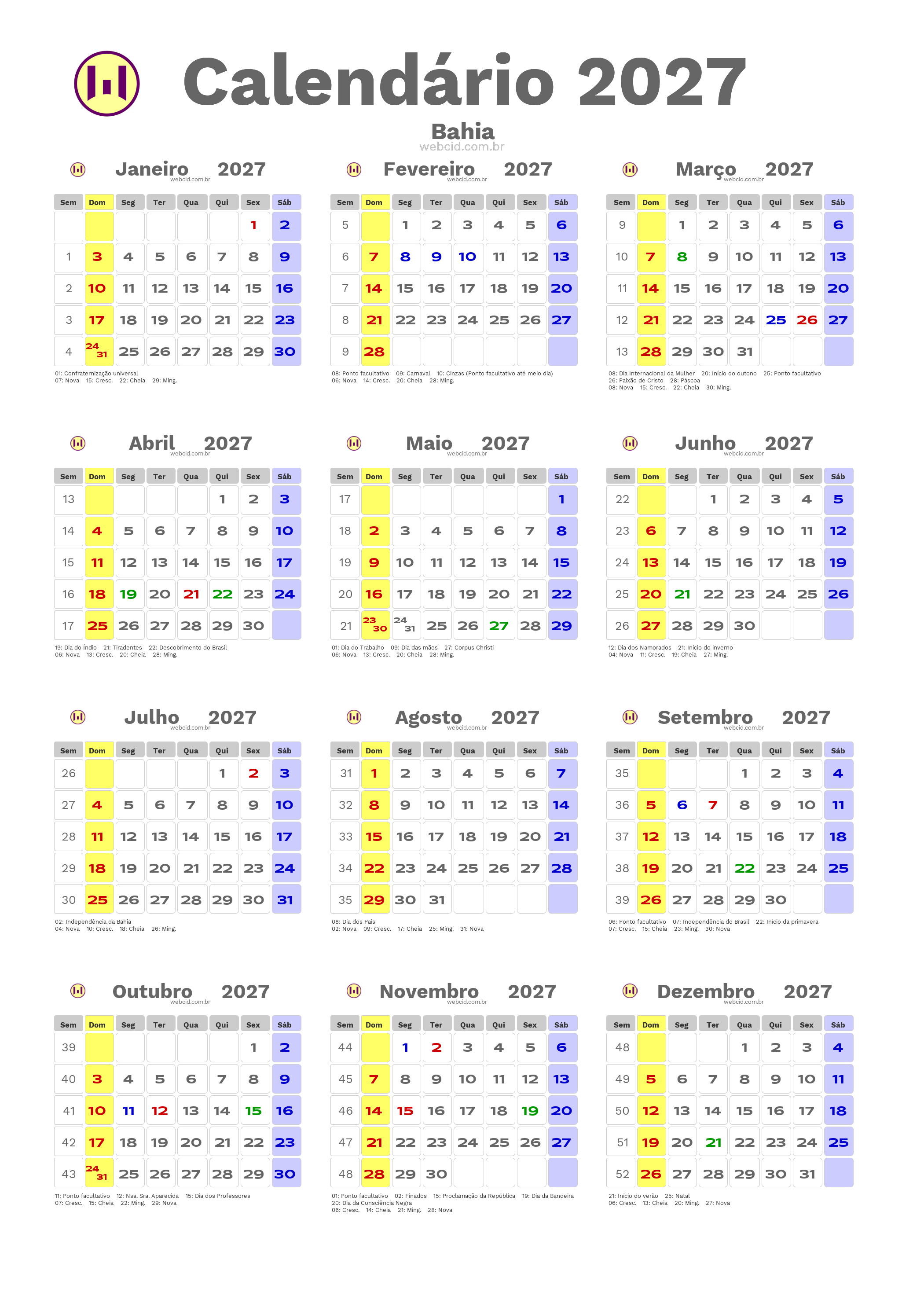 Calendário 2027 - Bahia com feriados e fases da lua