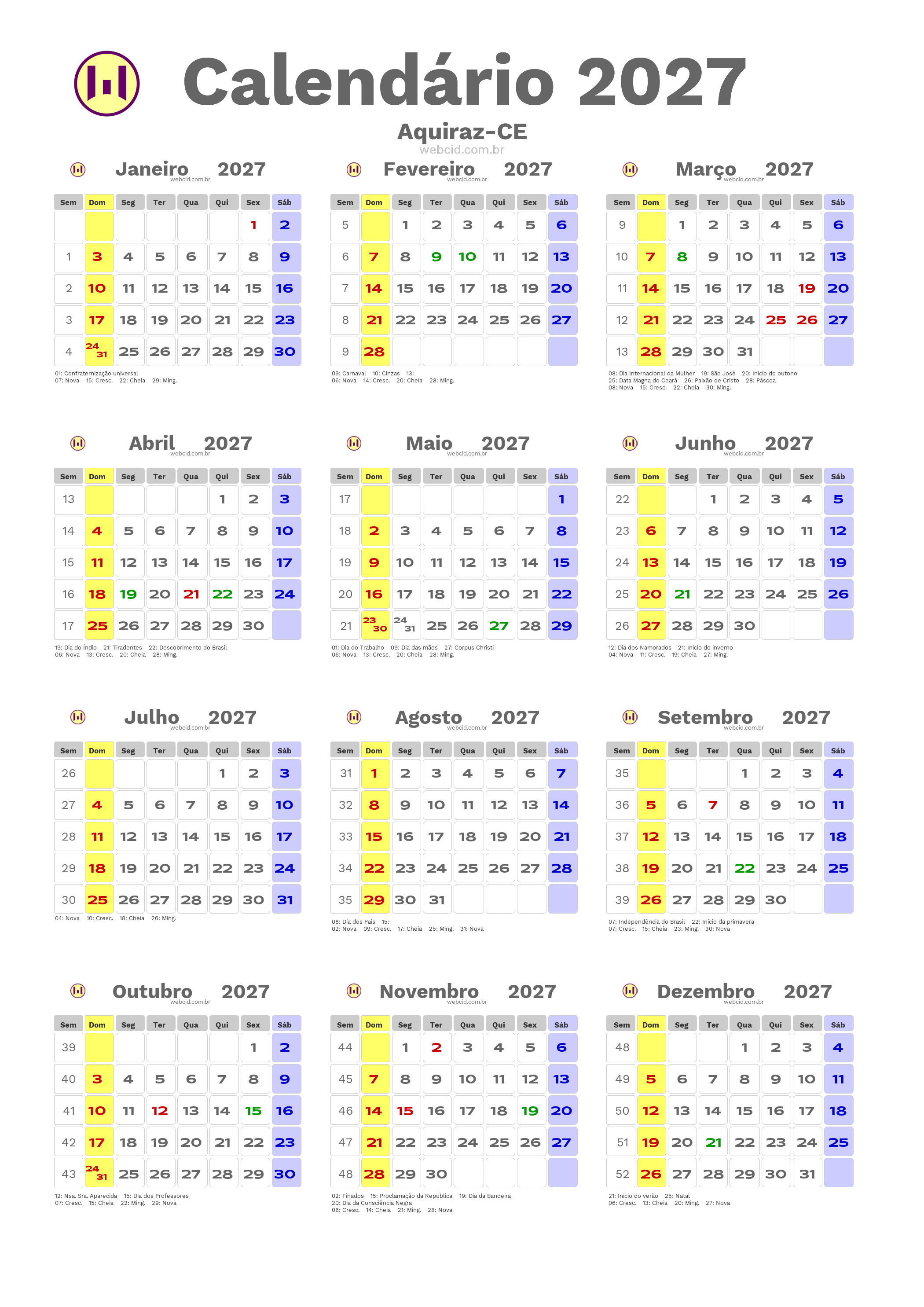 Calendário 2027 - Aquiraz-CE com feriados e fases da lua