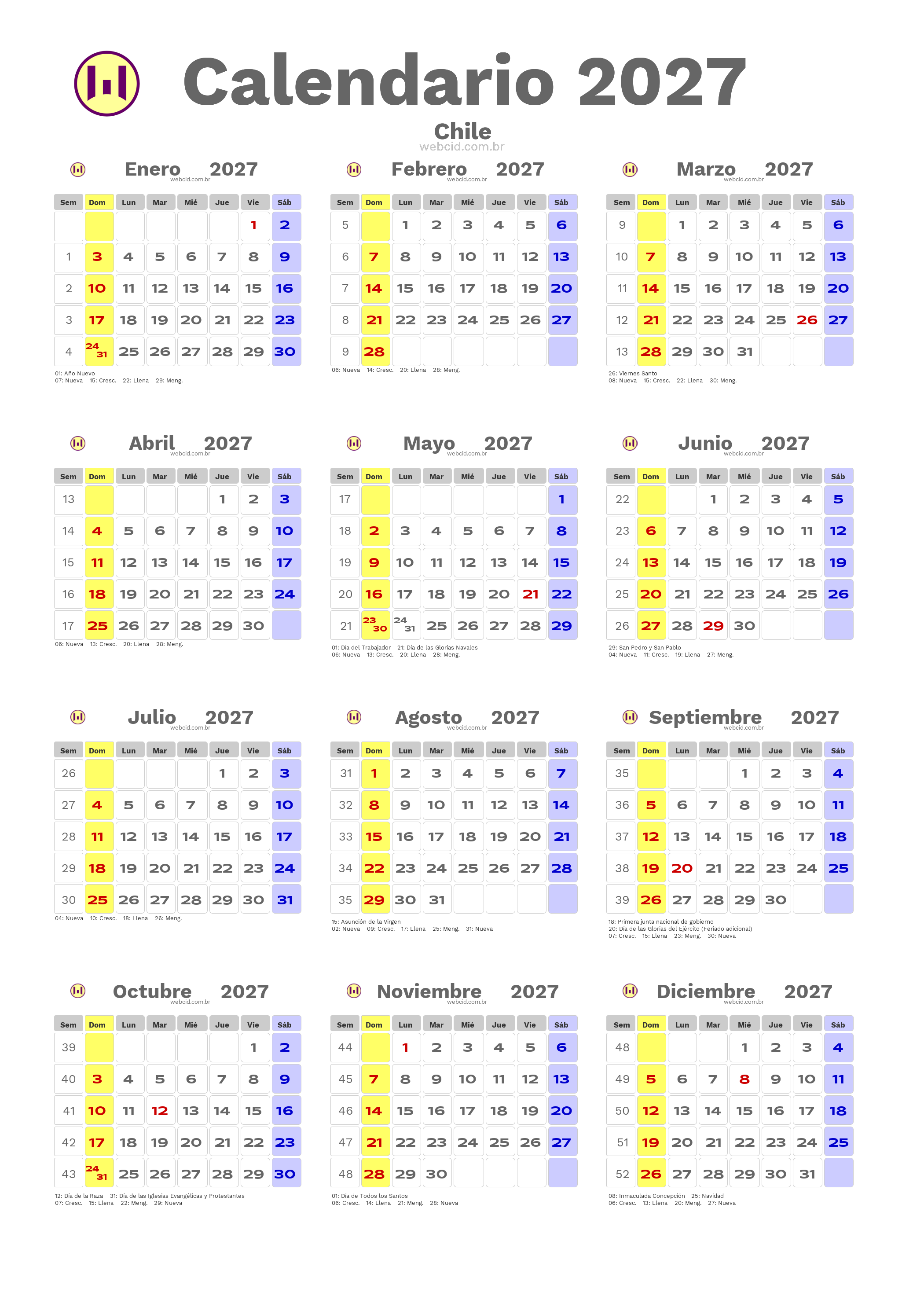 Calendario 2027 - Chile com feriados e fases da lua