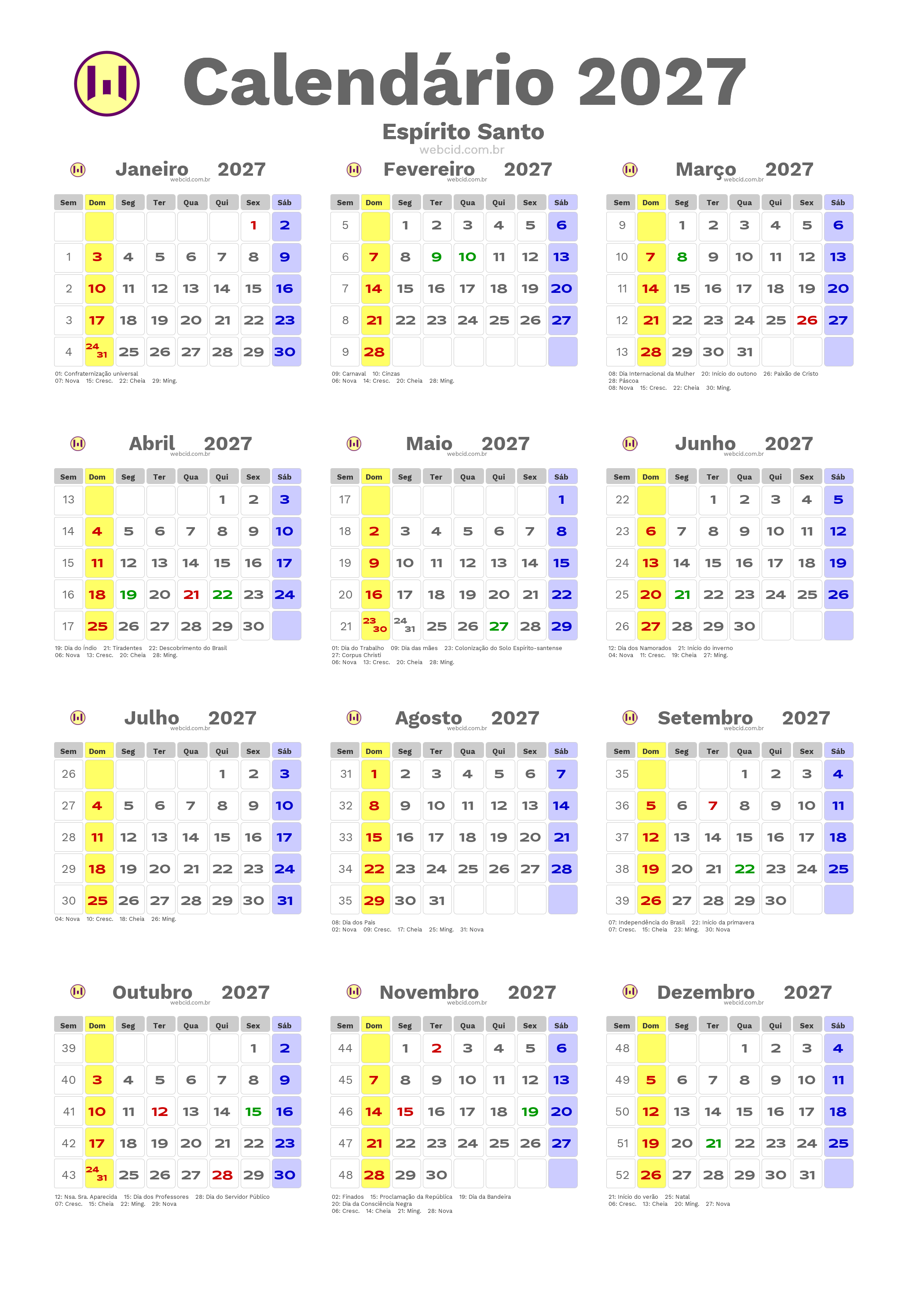 Calendário 2027 - Espírito Santo com feriados e fases da lua