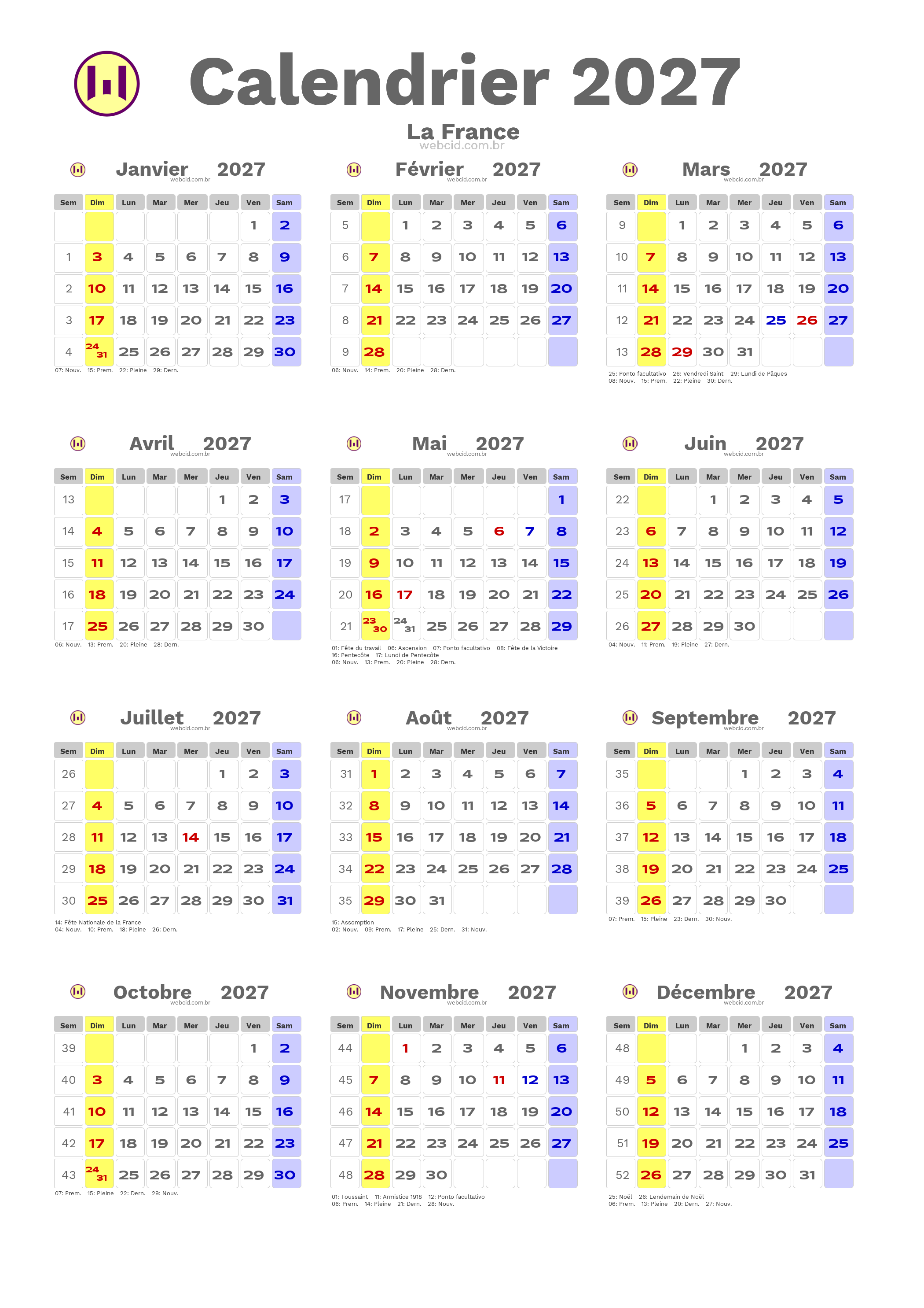 Calendrier 2027 - La France com feriados e fases da lua