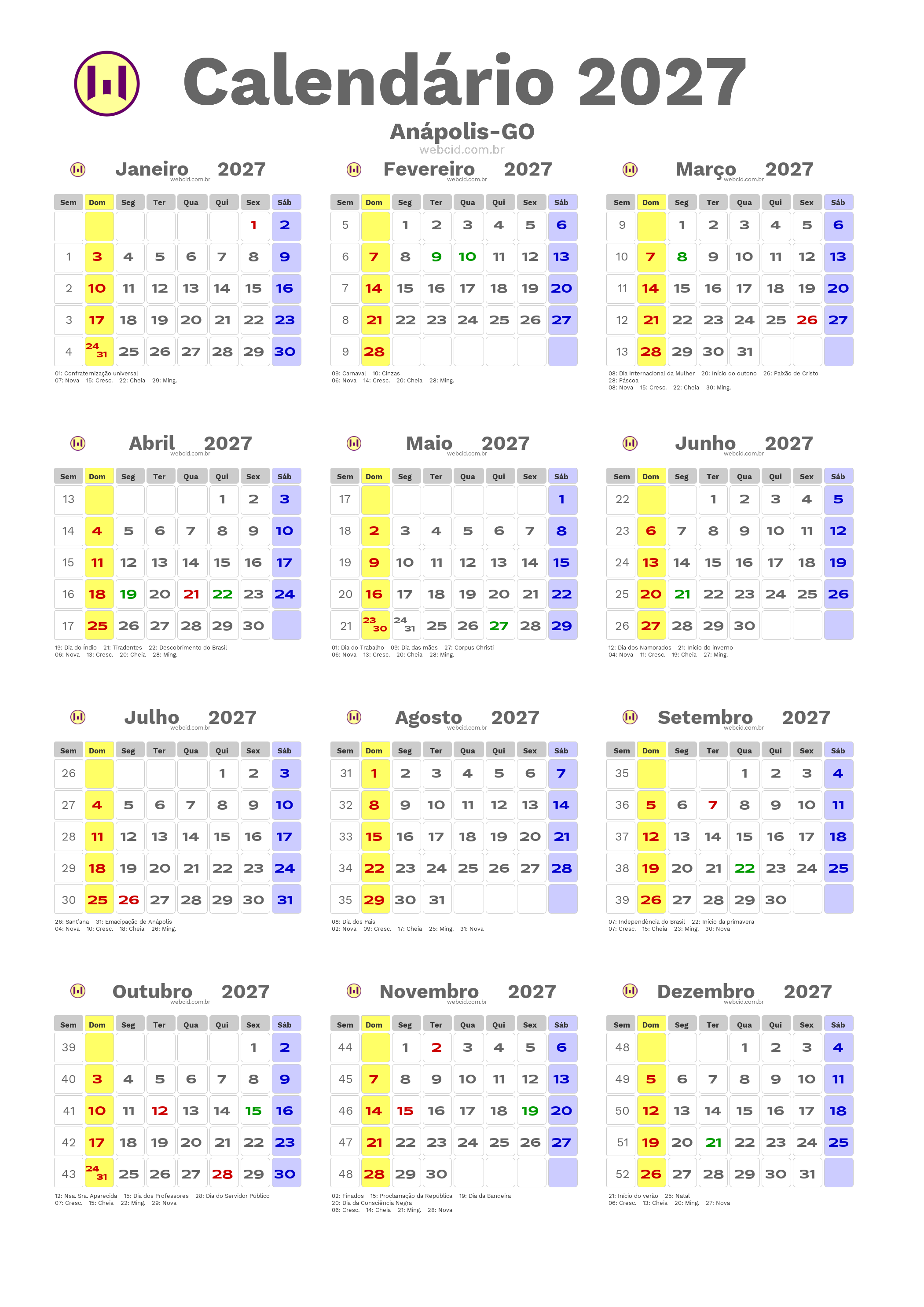 Calendário 2027 - Anápolis-GO com feriados e fases da lua