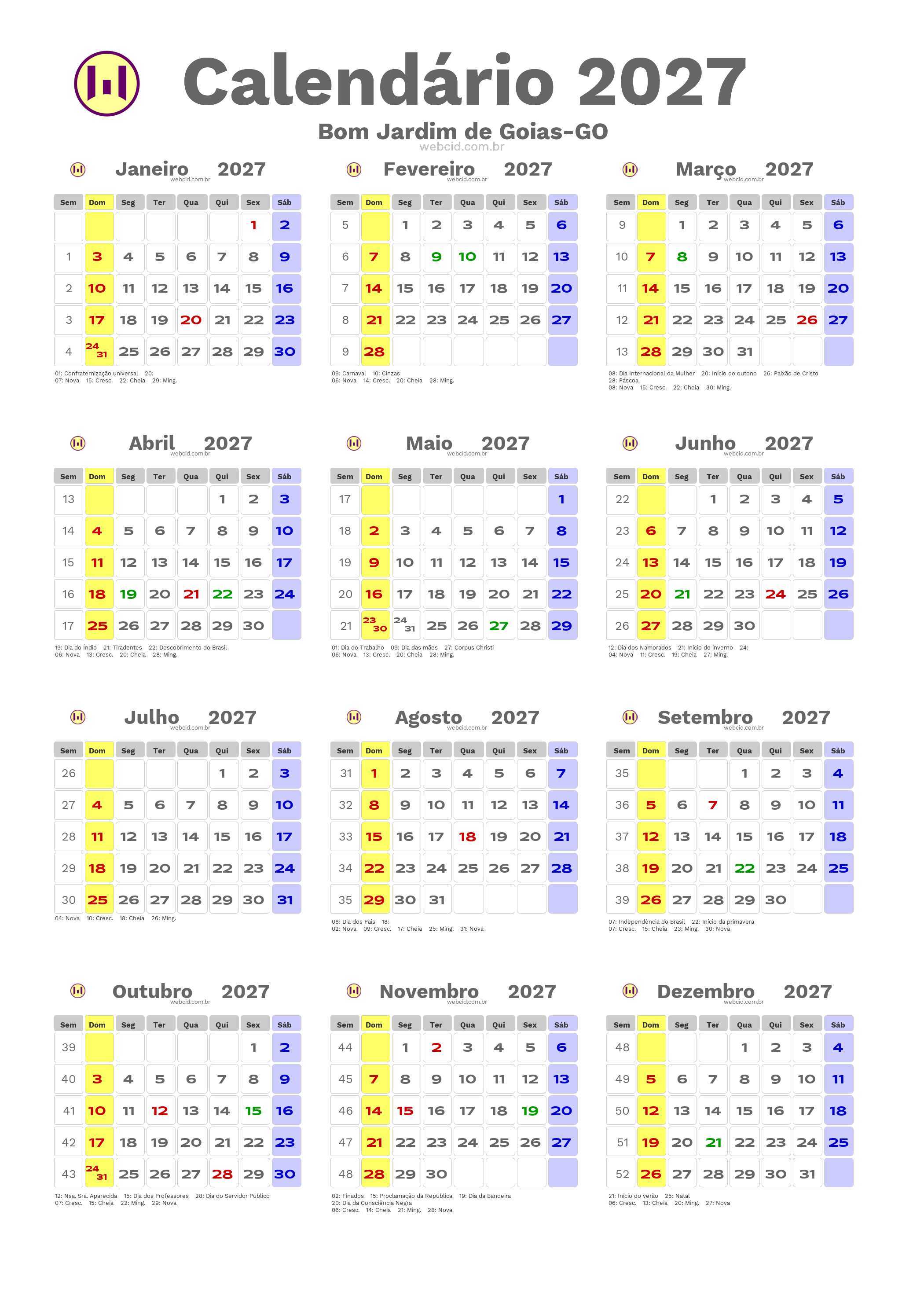 Calendário 2027 - Bom Jardim de Goias-GO com feriados e fases da lua