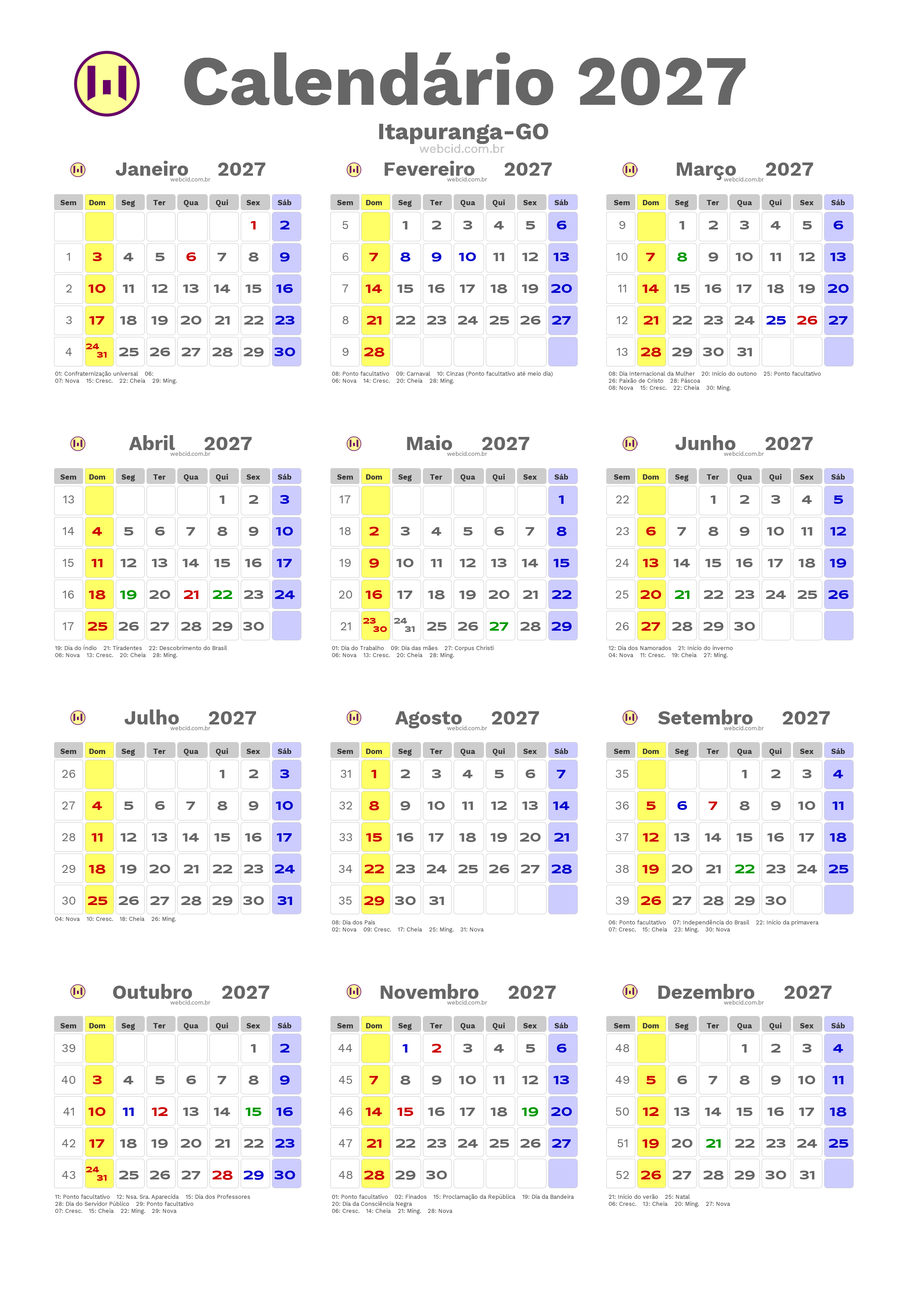Calendário 2027 - Itapuranga-GO com feriados e fases da lua