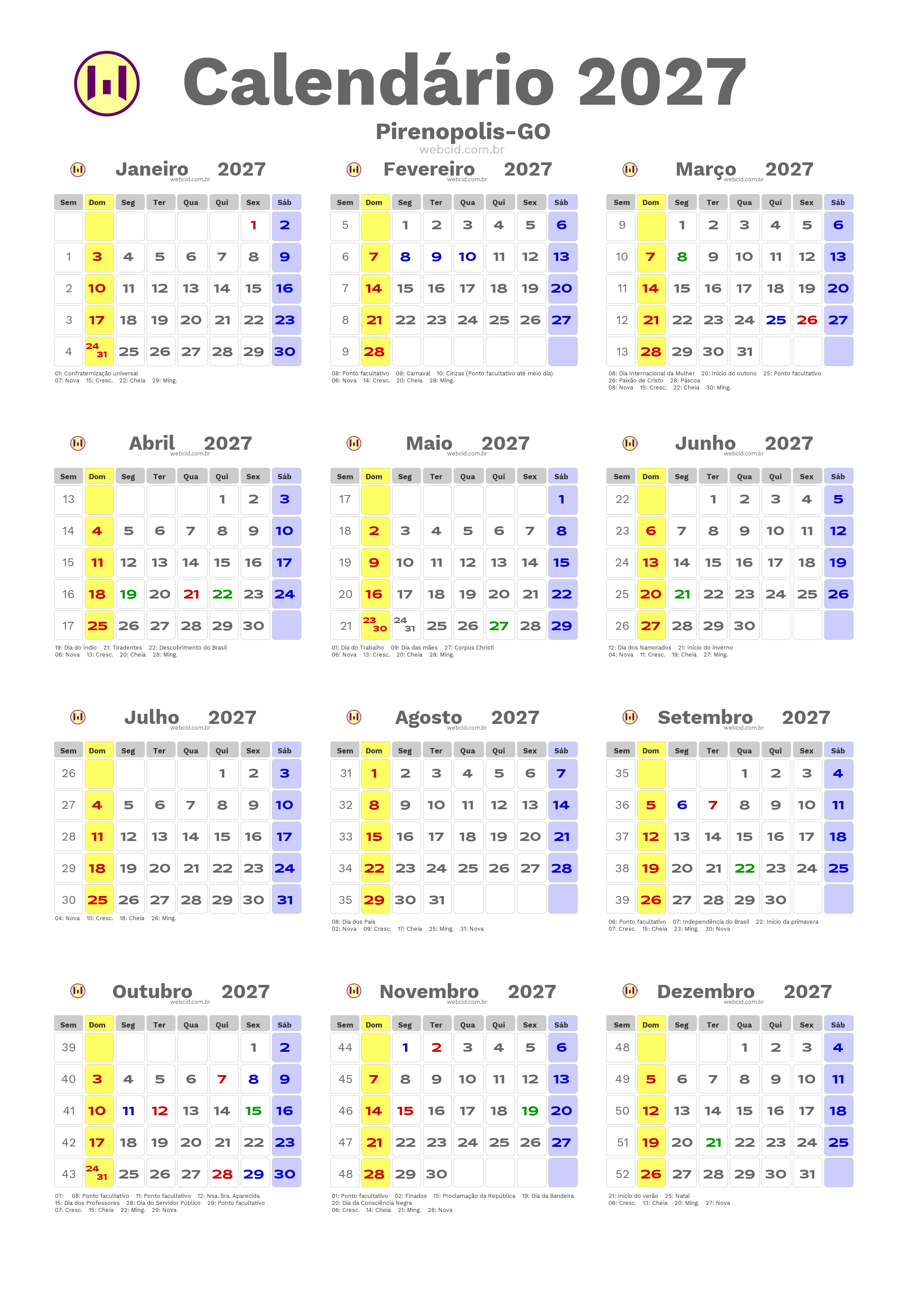 Calendário 2027 - Pirenopolis-GO com feriados e fases da lua