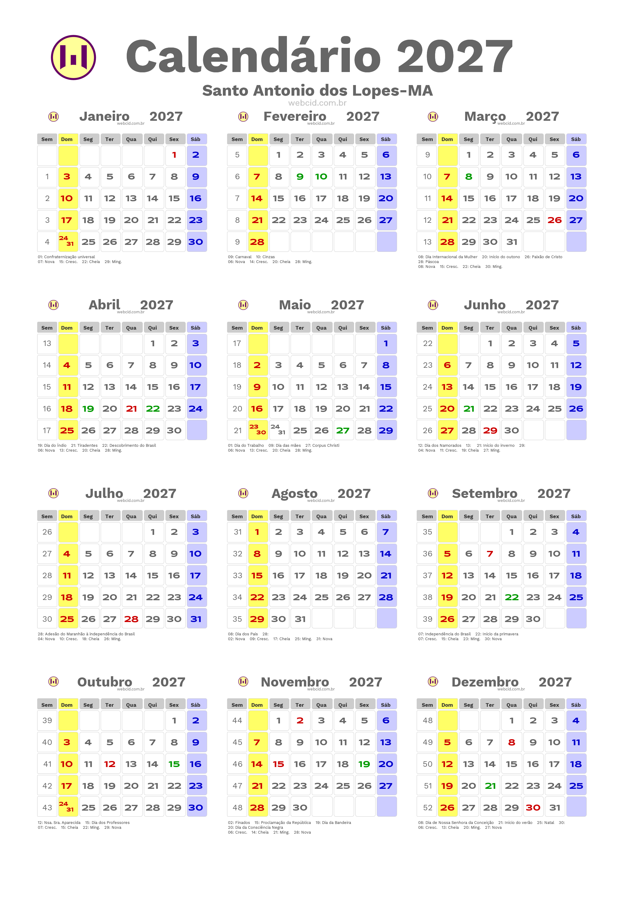 Calendário 2027 - Santo Antonio dos Lopes-MA com feriados e fases da lua