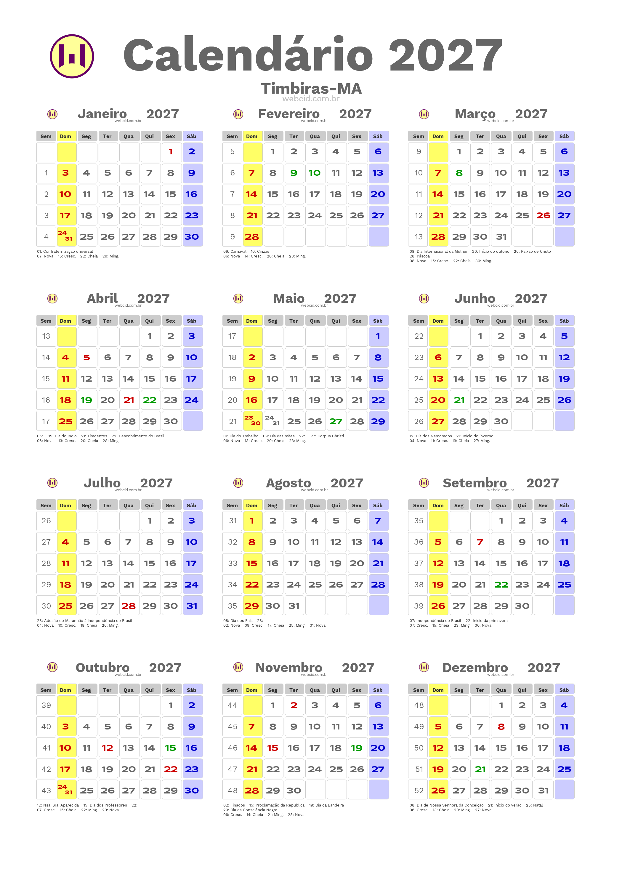 Calendário 2027 - Timbiras-MA com feriados e fases da lua