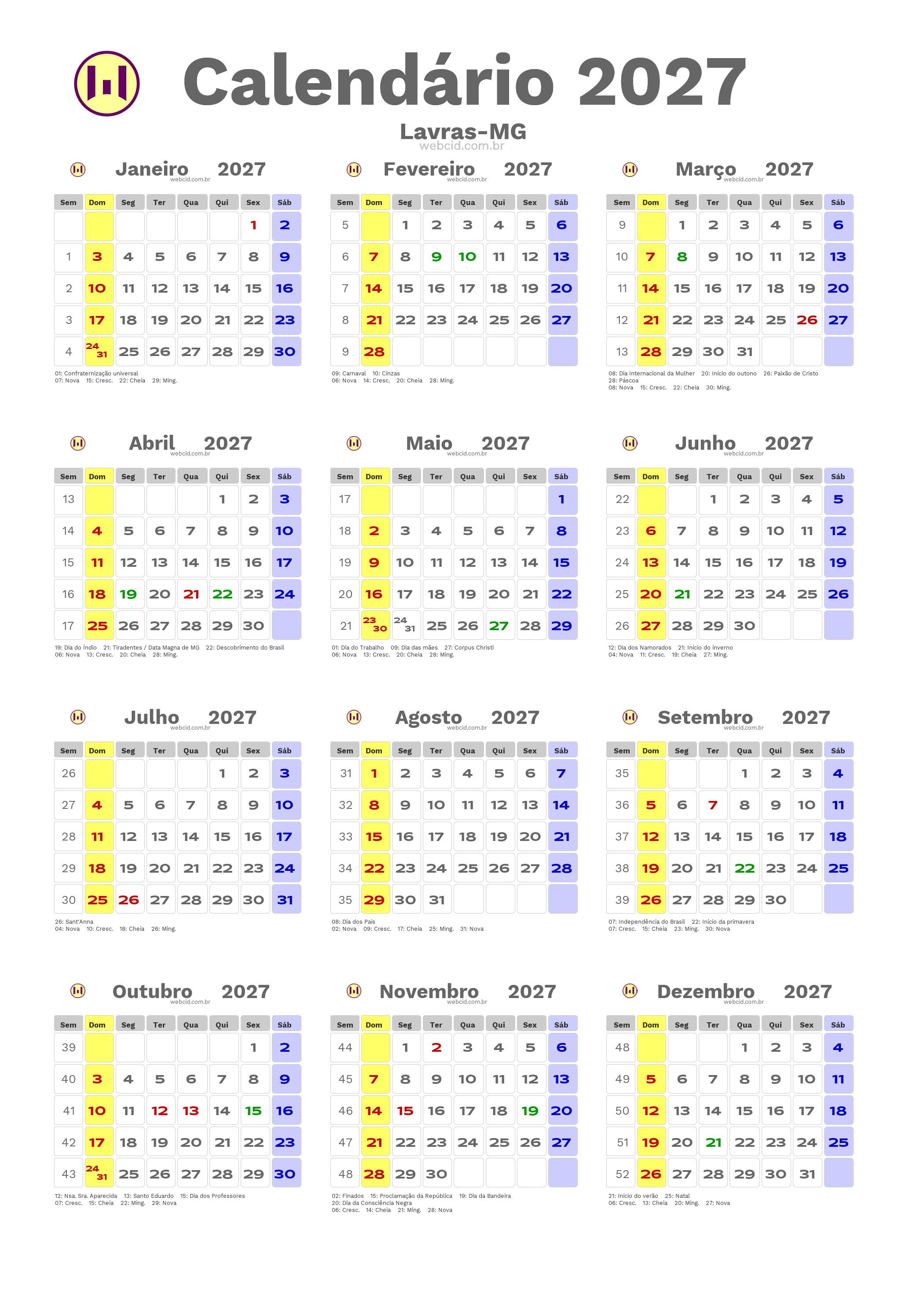 Calendário 2027 - Lavras-MG com feriados e fases da lua