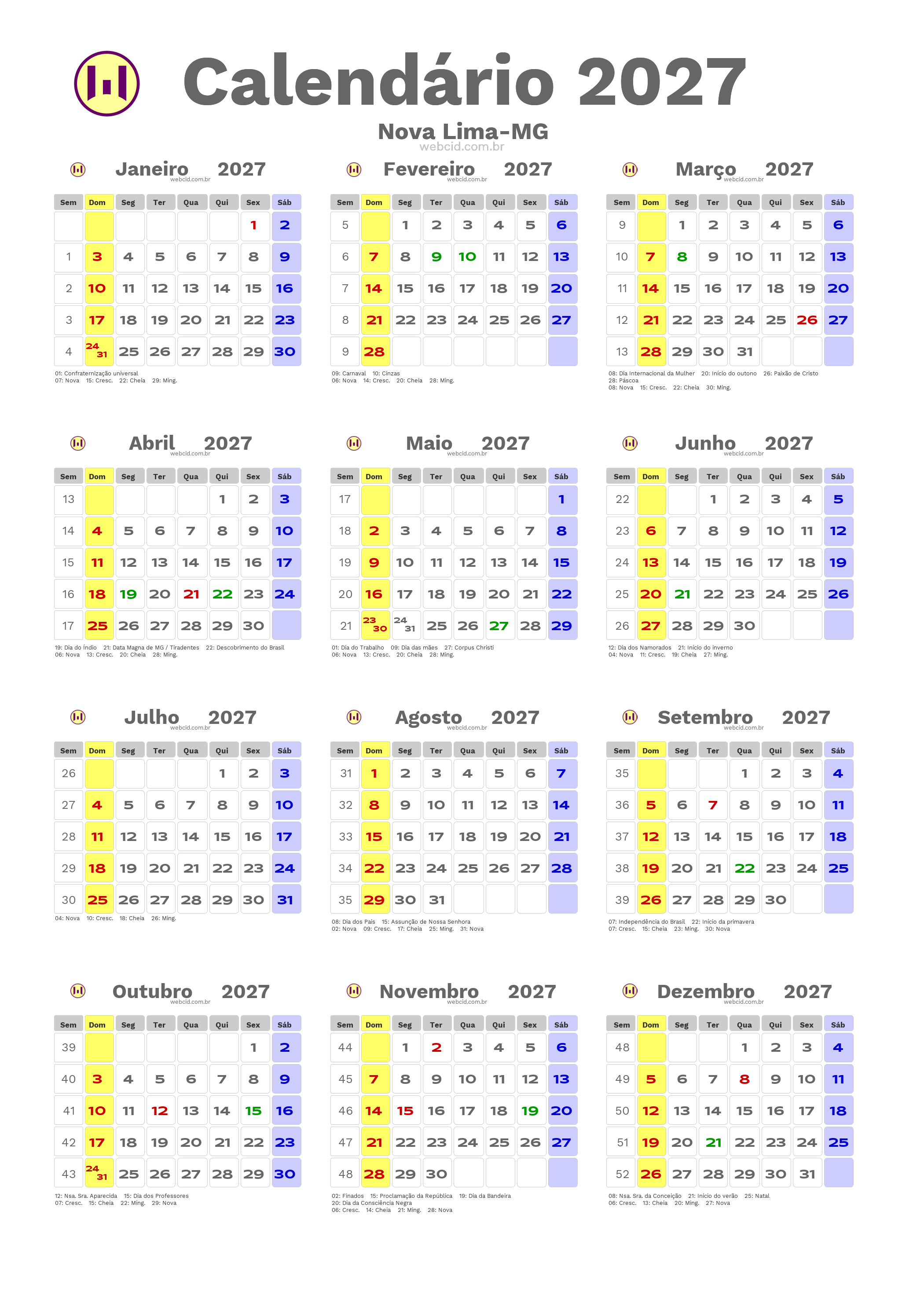 Calendário 2027 - Nova Lima-MG com feriados e fases da lua