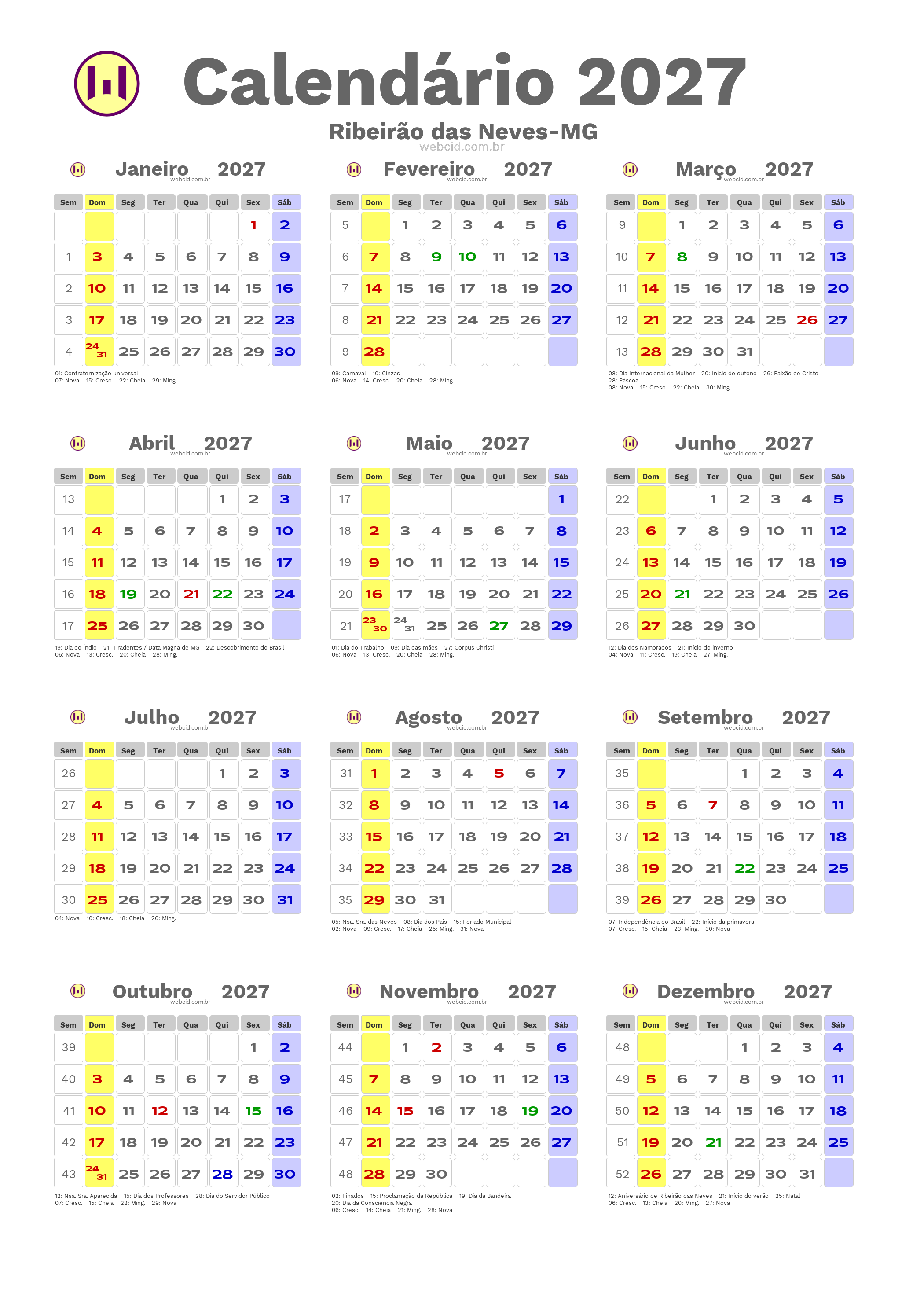 Calendário 2027 - Ribeirão das Neves-MG com feriados e fases da lua