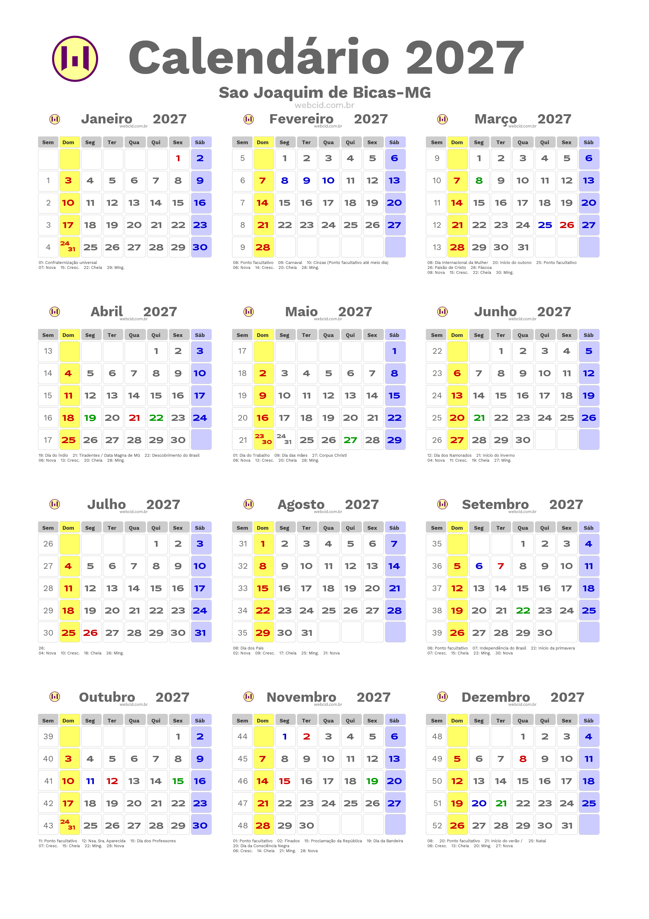 Calendário 2027 - Sao Joaquim de Bicas-MG com feriados e fases da lua