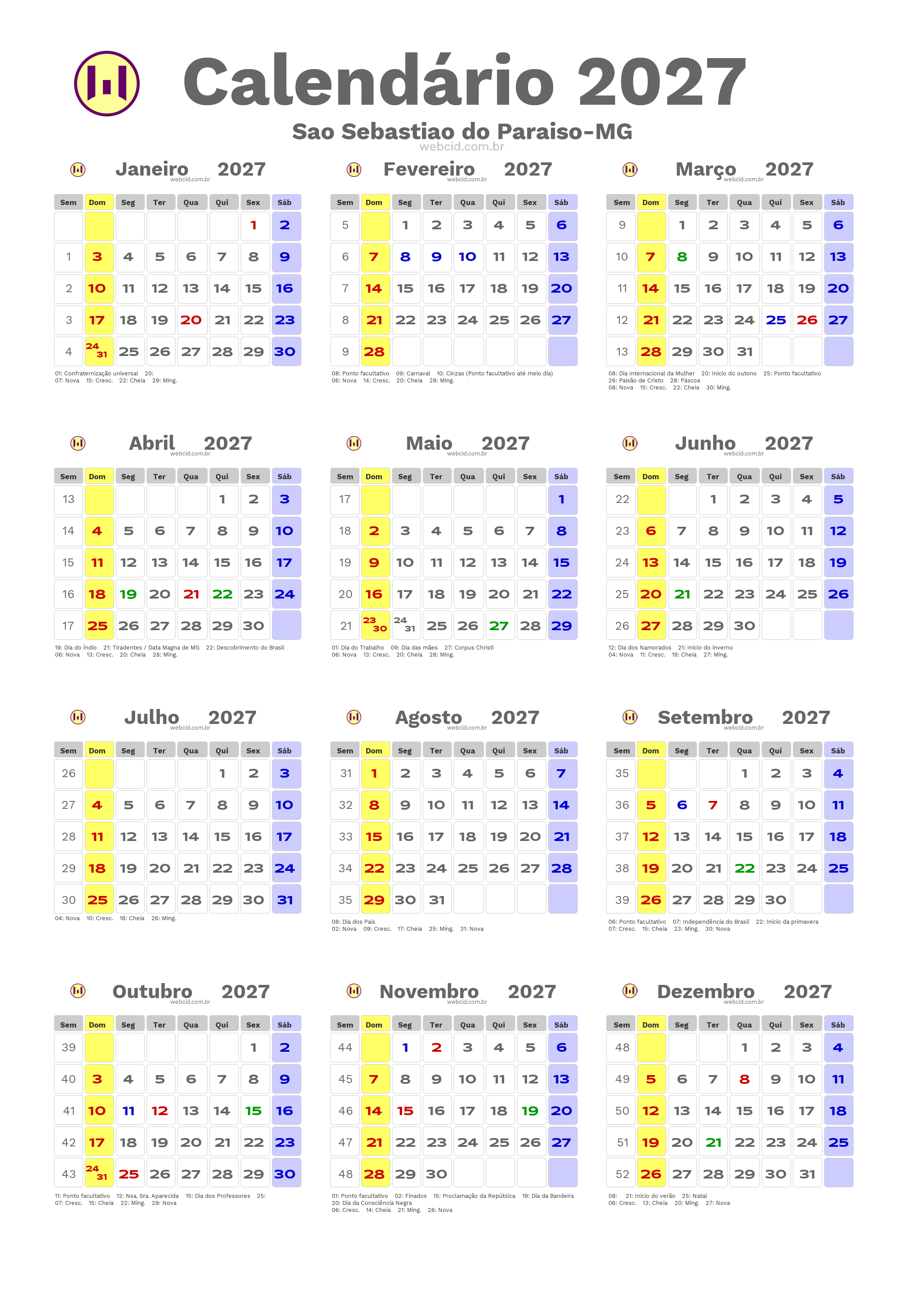 Calendário 2027 - Sao Sebastiao do Paraiso-MG com feriados e fases da lua