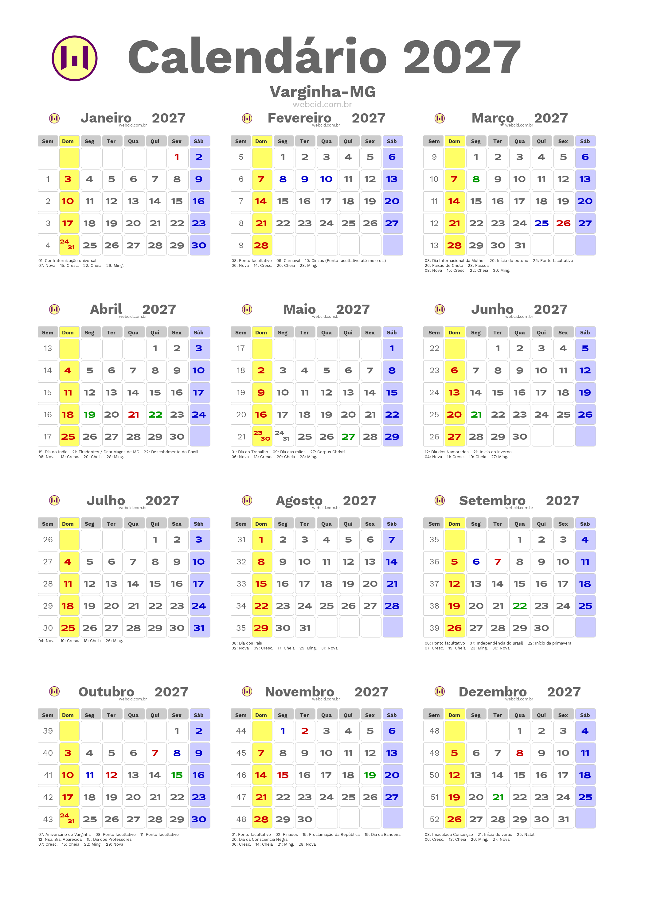 Calendário 2027 - Varginha-MG com feriados e fases da lua