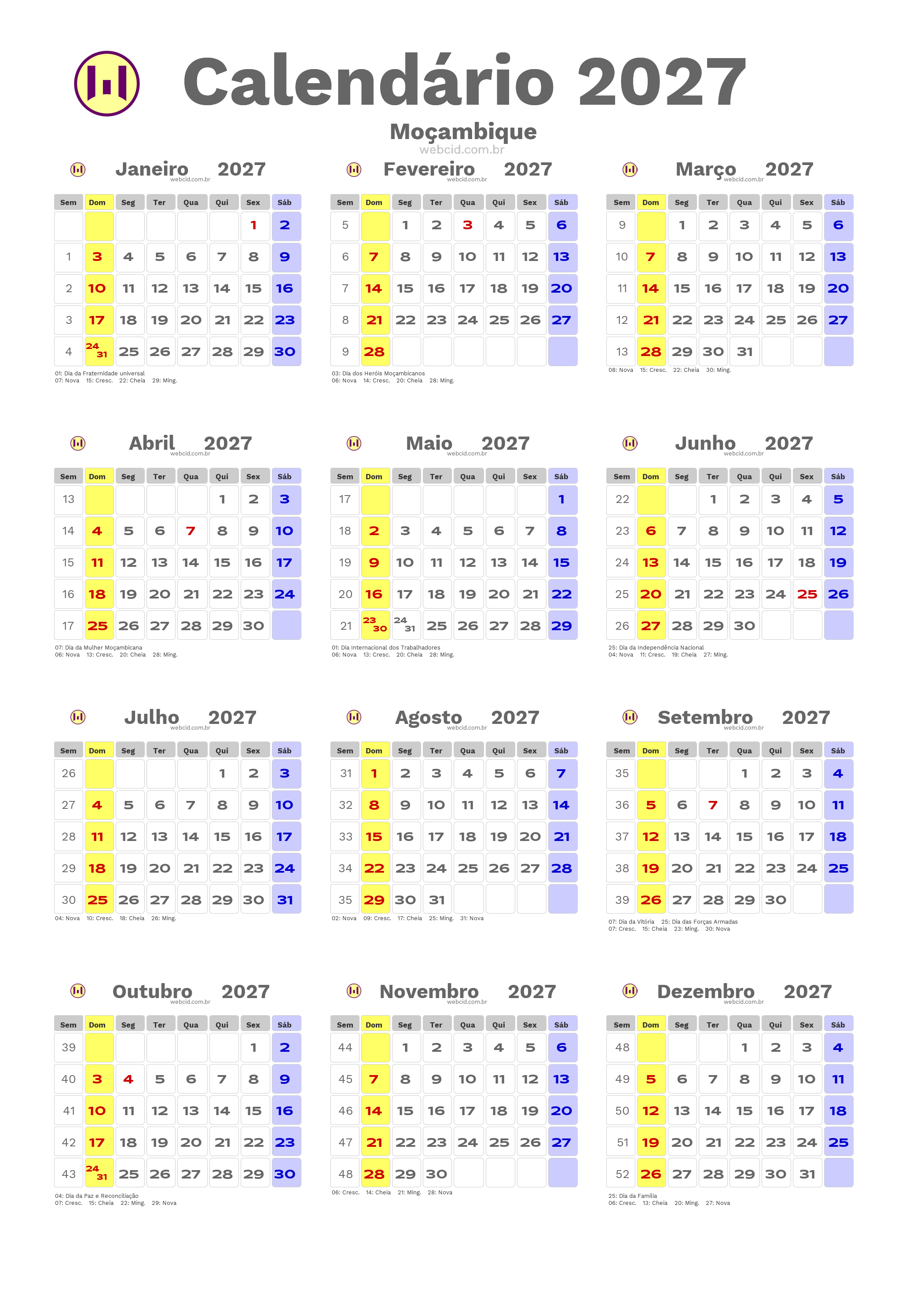 Calendário 2027 - Moçambique com feriados e fases da lua