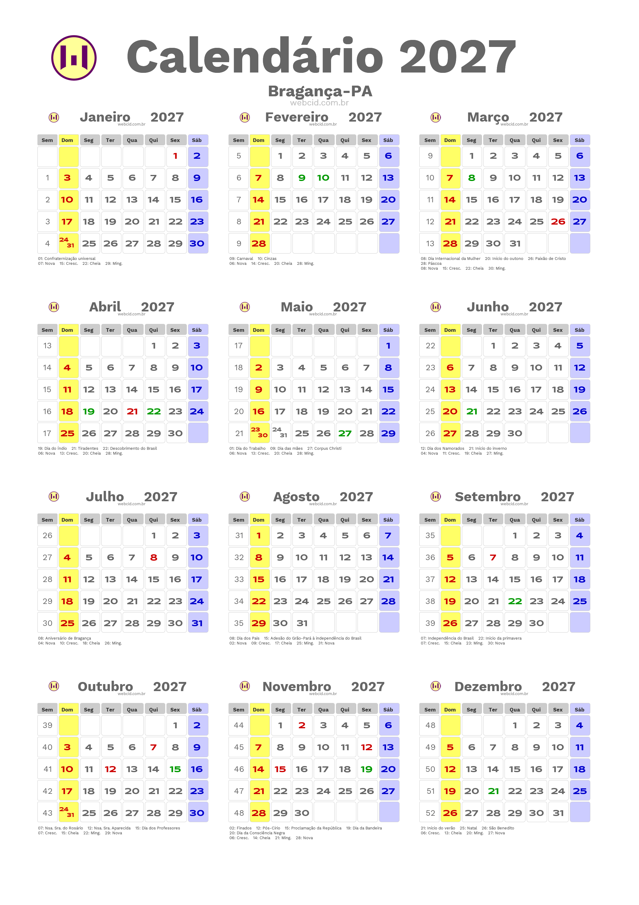 Calendário 2027 - Bragança-PA com feriados e fases da lua