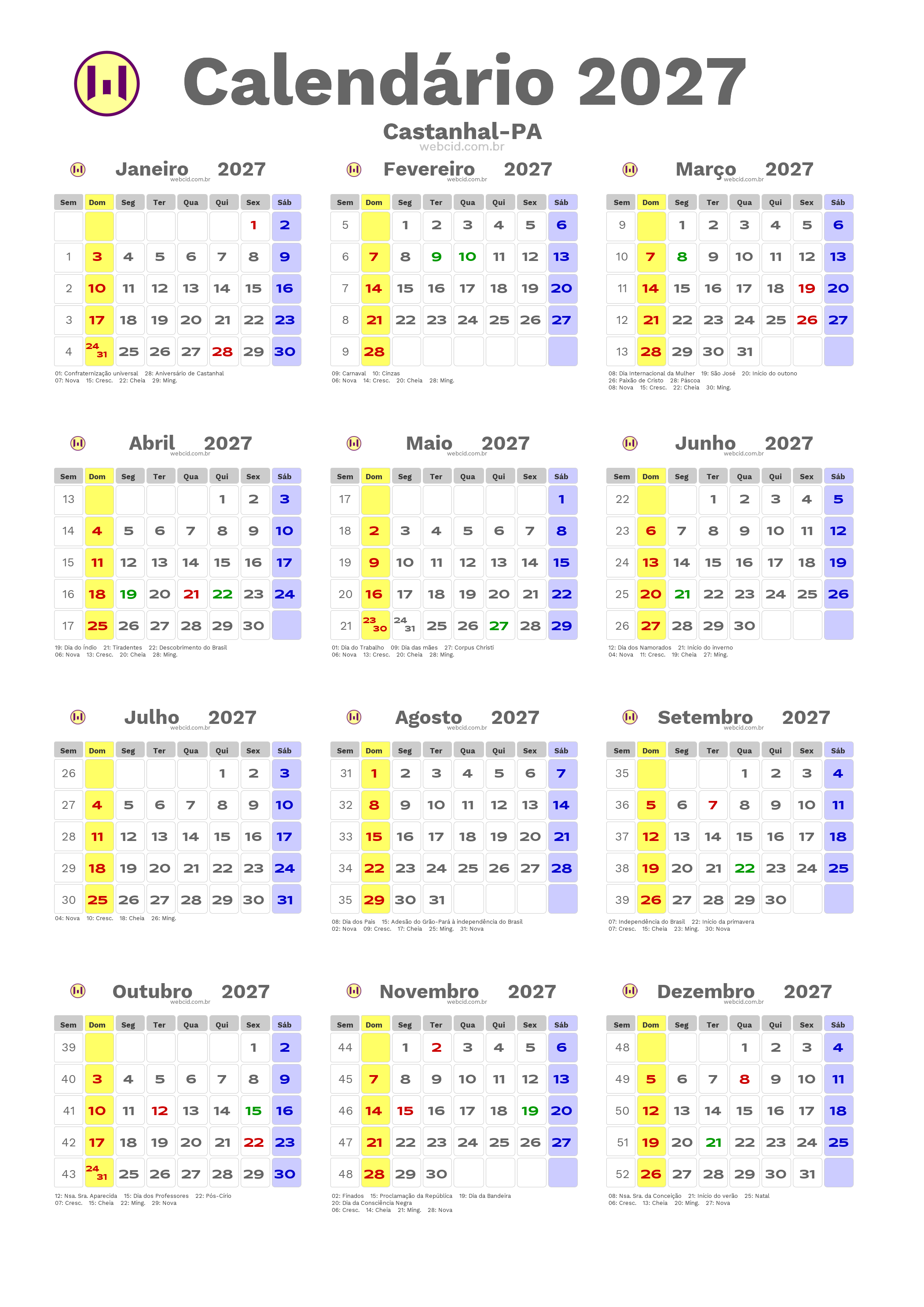 Calendário 2027 - Castanhal-PA com feriados e fases da lua
