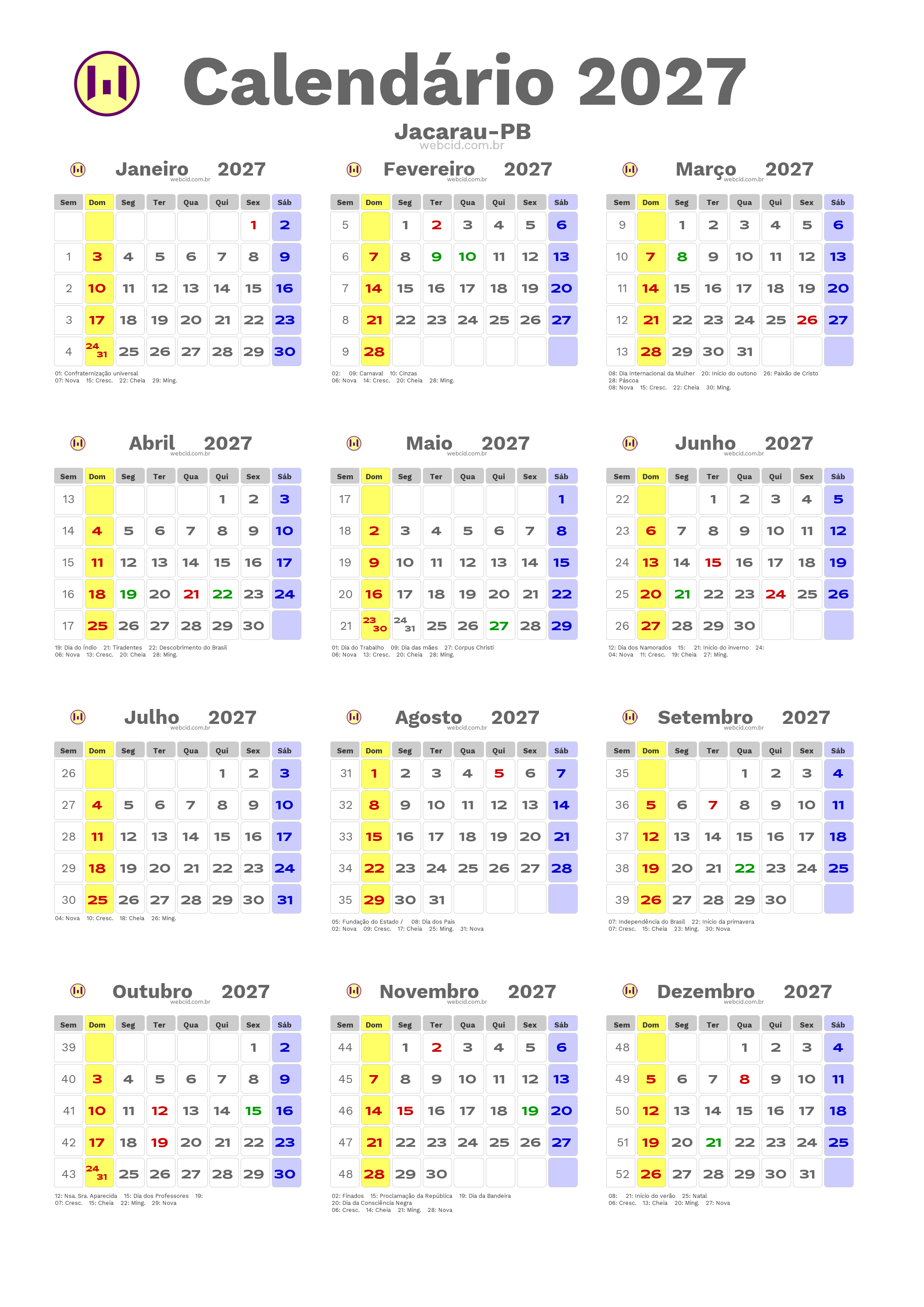 Calendário 2027 - Jacarau-PB com feriados e fases da lua