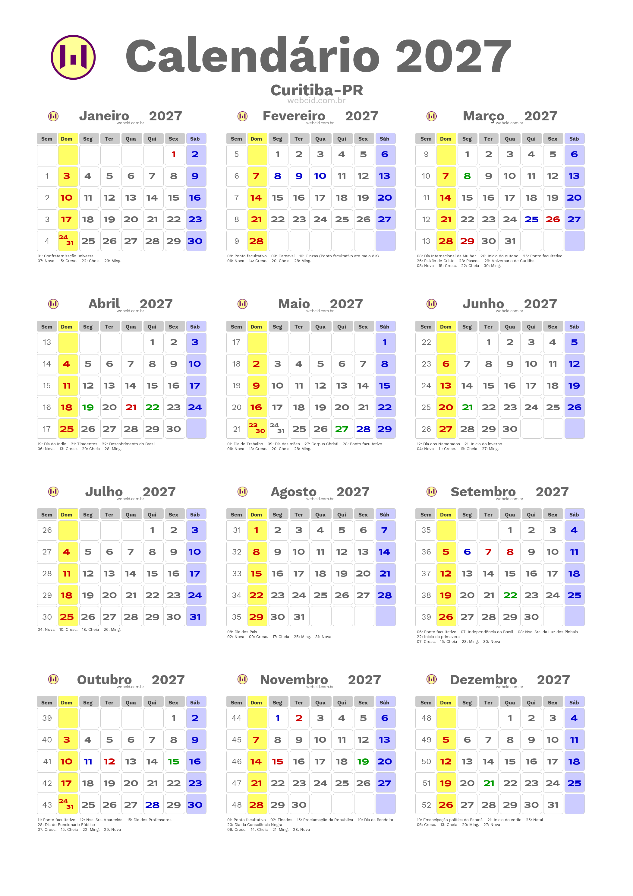 Calendário 2027 - Curitiba-PR com feriados e fases da lua