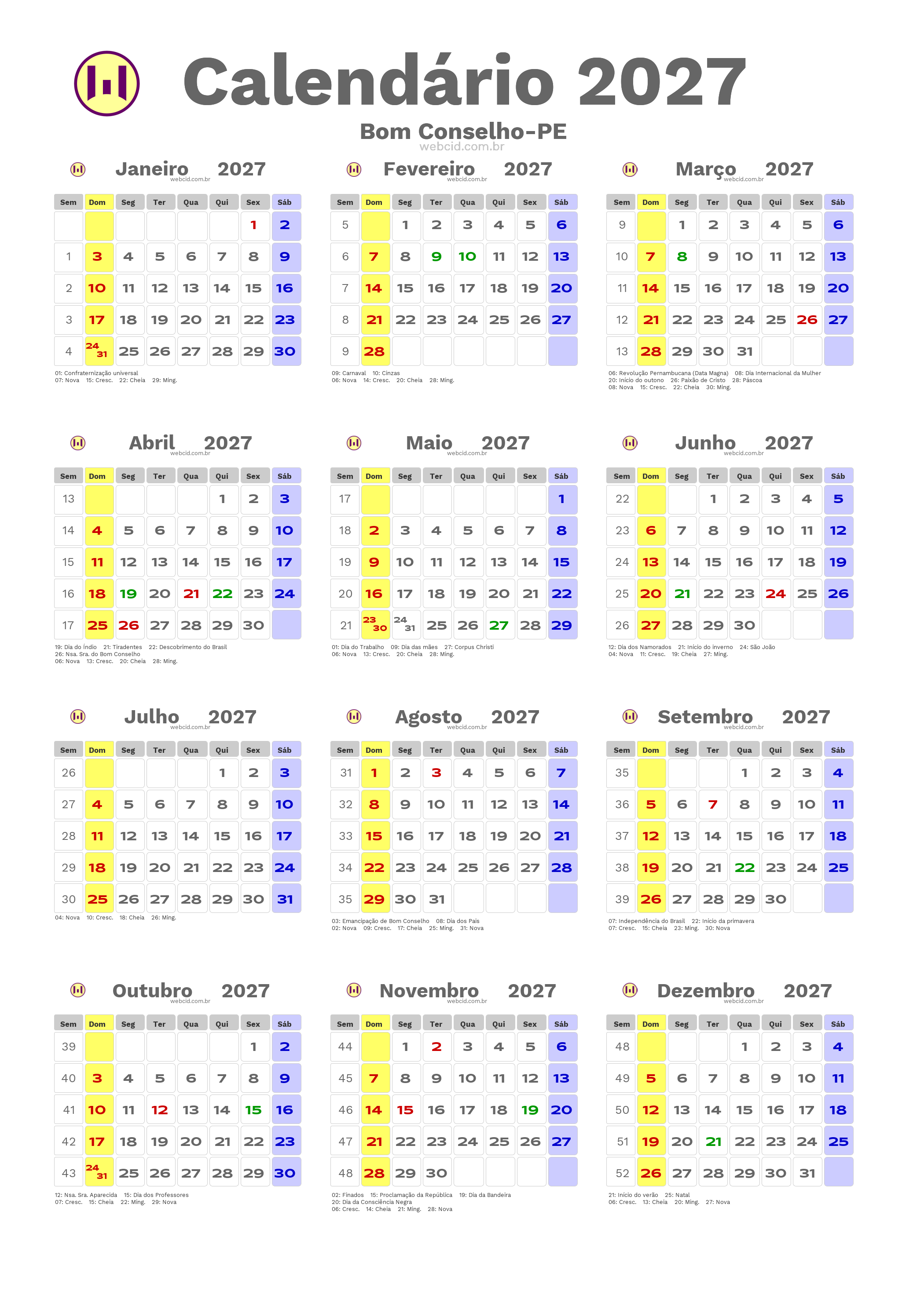 Calendário 2027 - Bom Conselho-PE com feriados e fases da lua