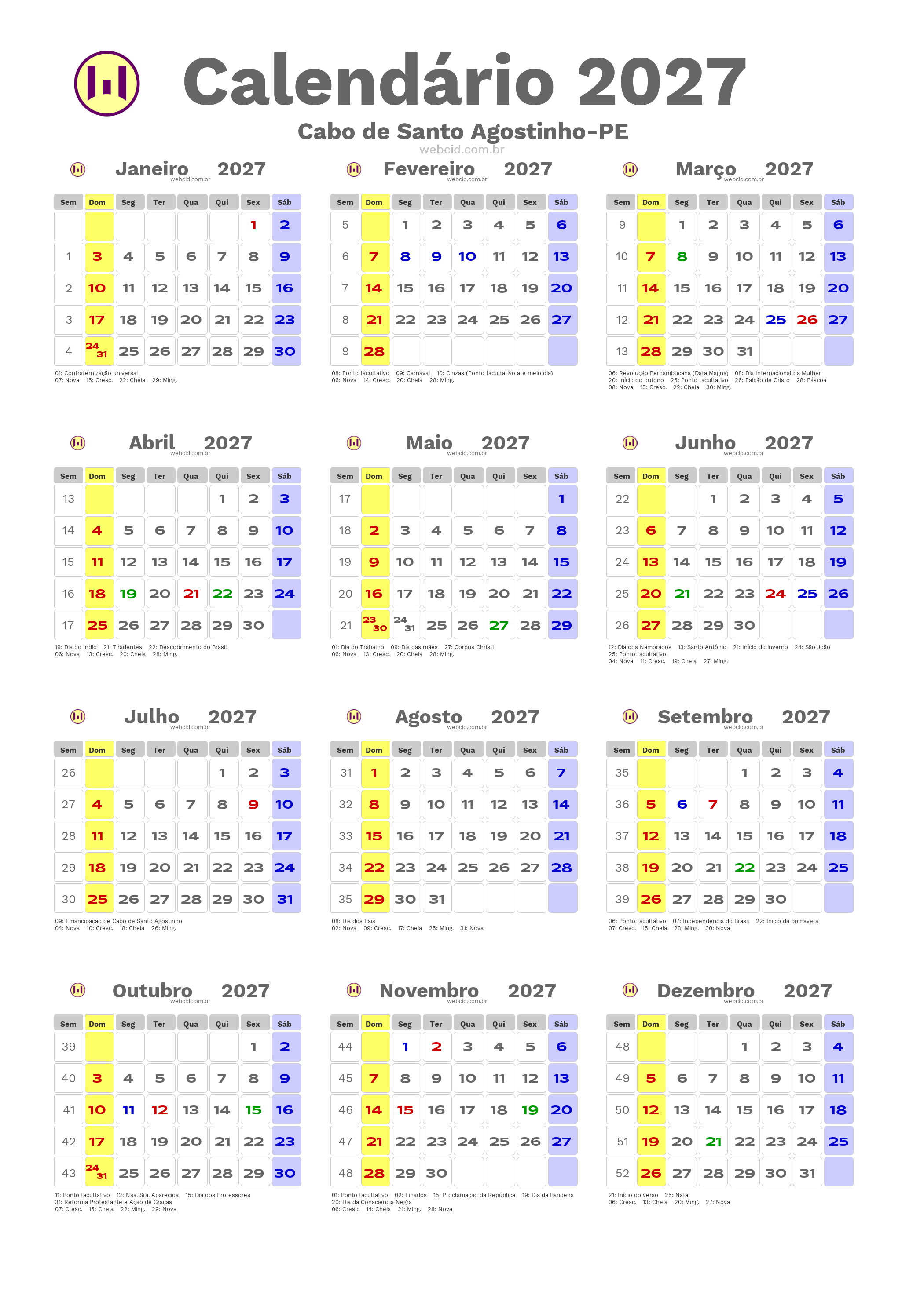 Calendário 2027 - Cabo de Santo Agostinho-PE com feriados e fases da lua