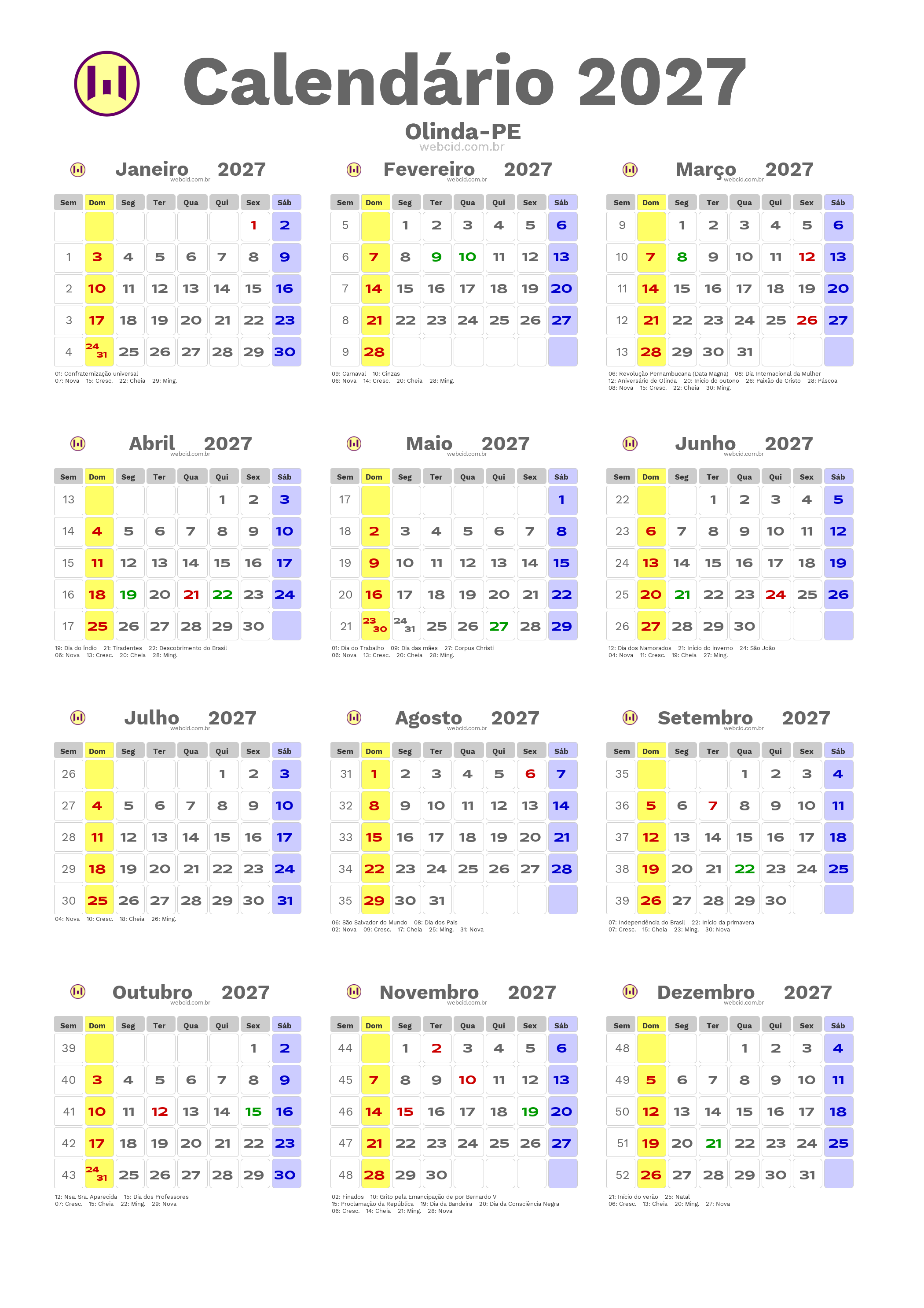 Calendário 2027 - Olinda-PE com feriados e fases da lua