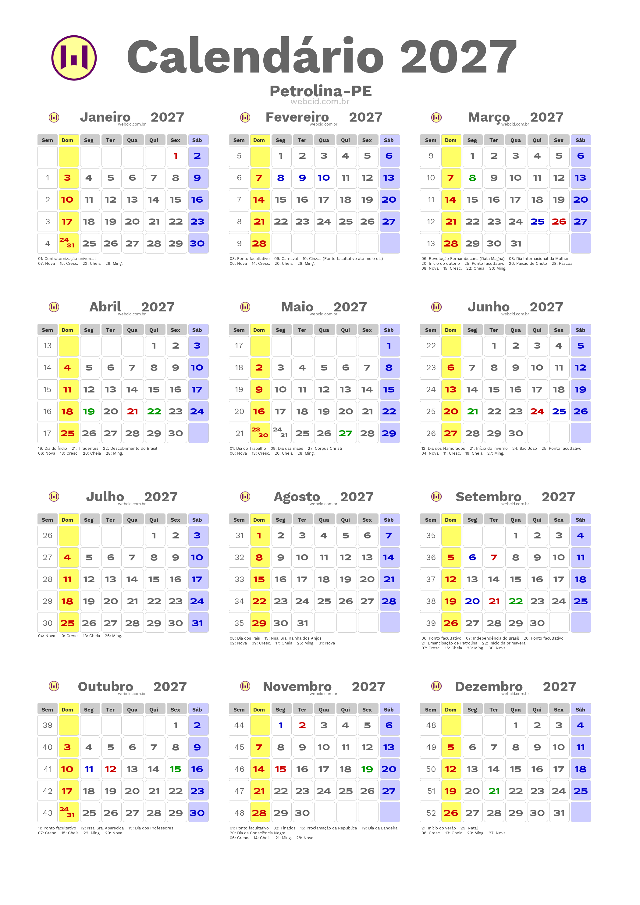 Calendário 2027 - Petrolina-PE com feriados e fases da lua