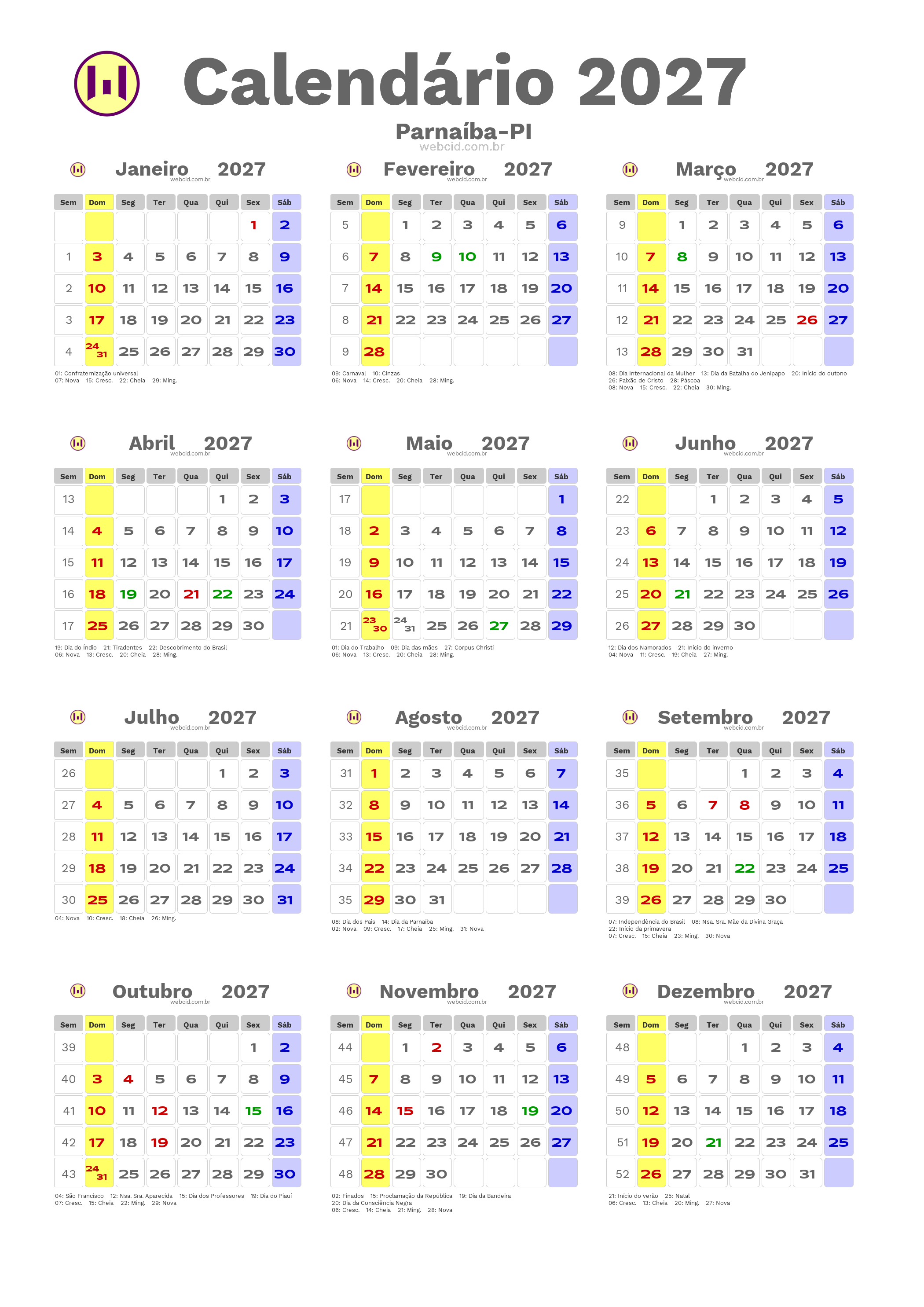 Calendário 2027 - Parnaíba-PI com feriados e fases da lua