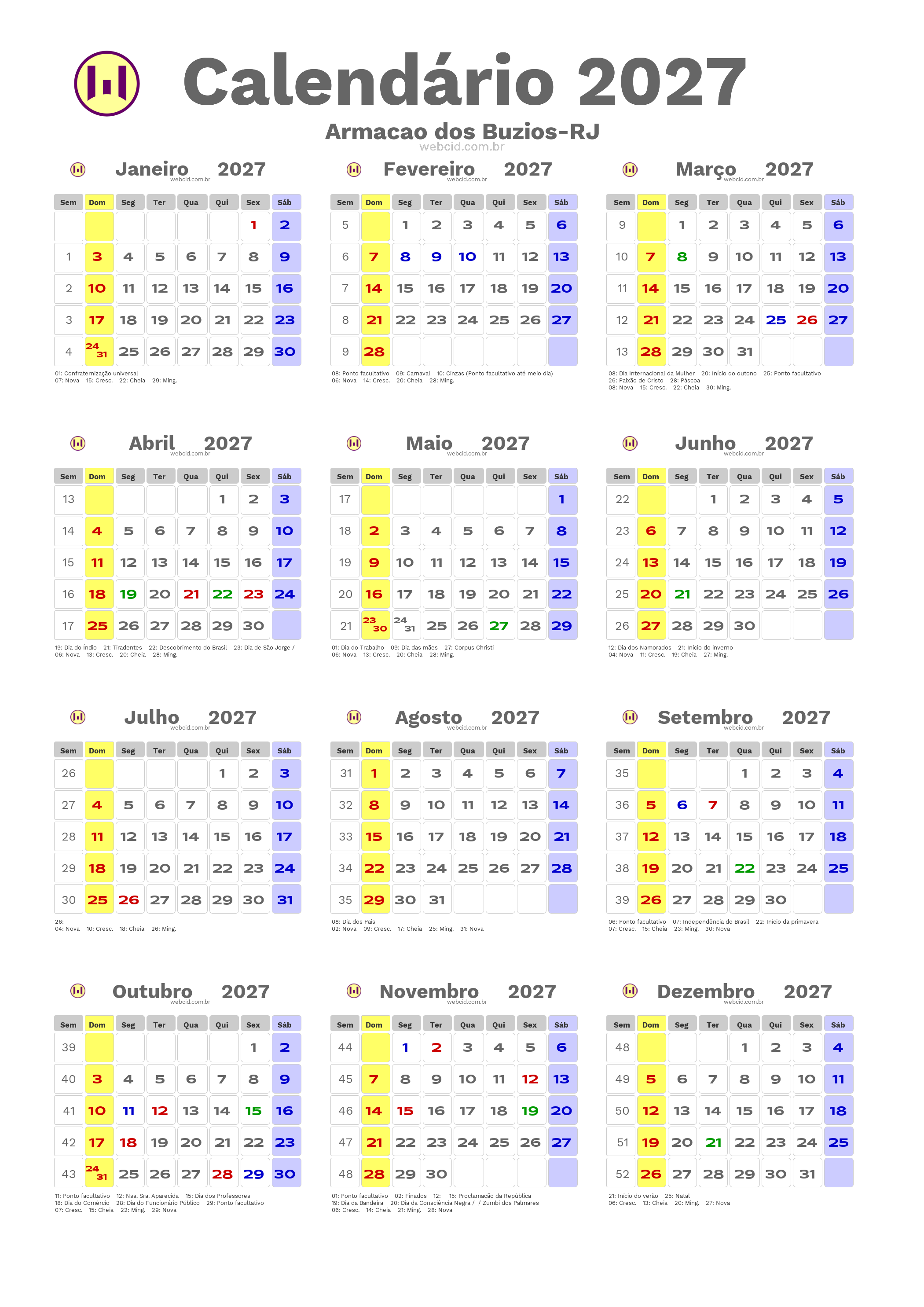Calendário 2027 - Armacao dos Buzios-RJ com feriados e fases da lua