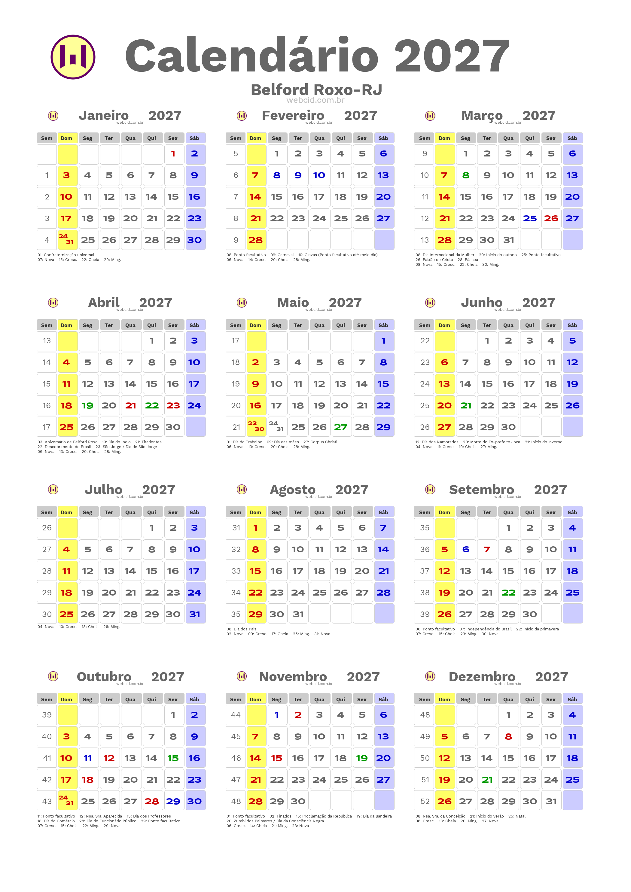Calendário 2027 - Belford Roxo-RJ com feriados e fases da lua