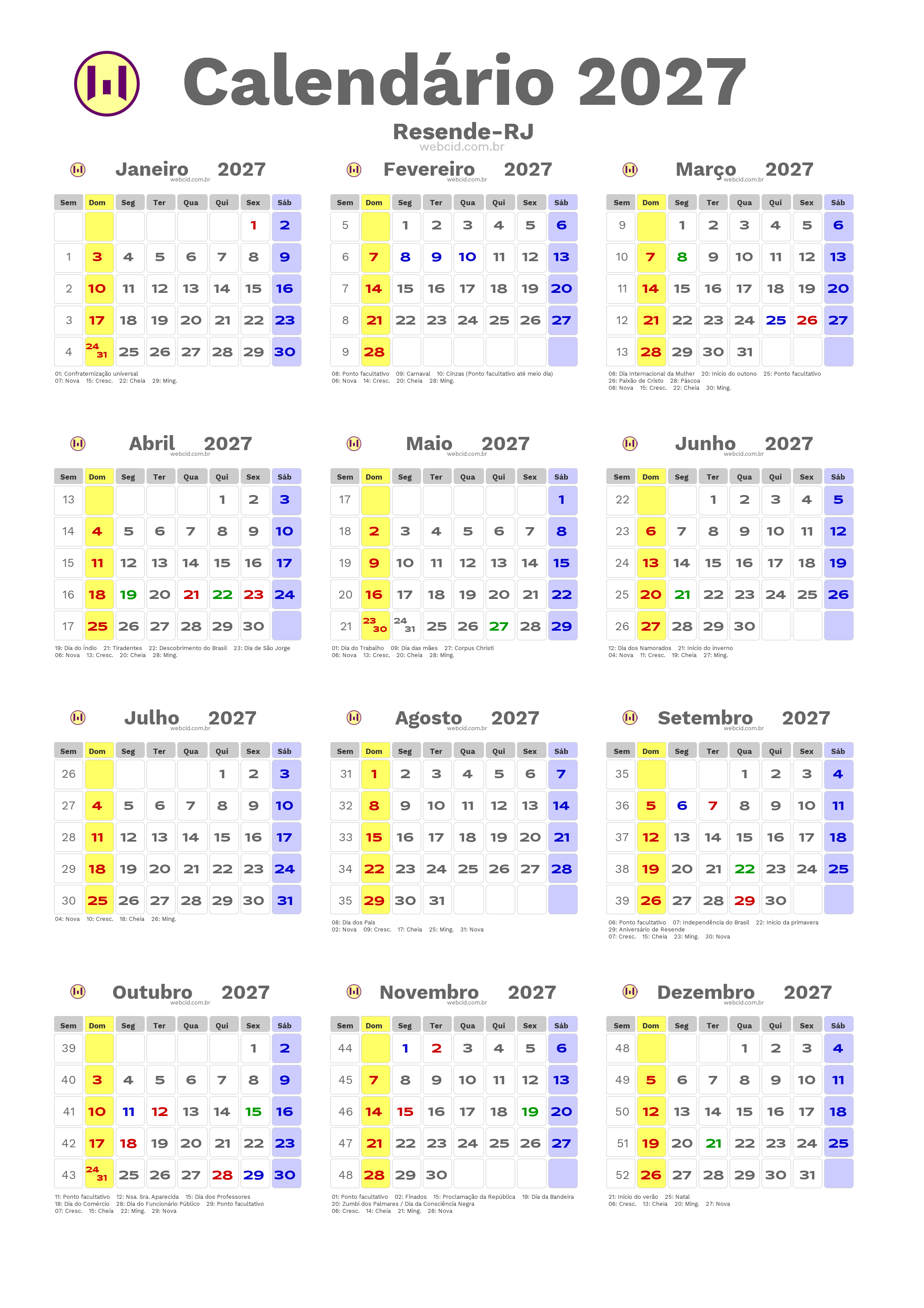 Calendário 2027 - Resende-RJ com feriados e fases da lua