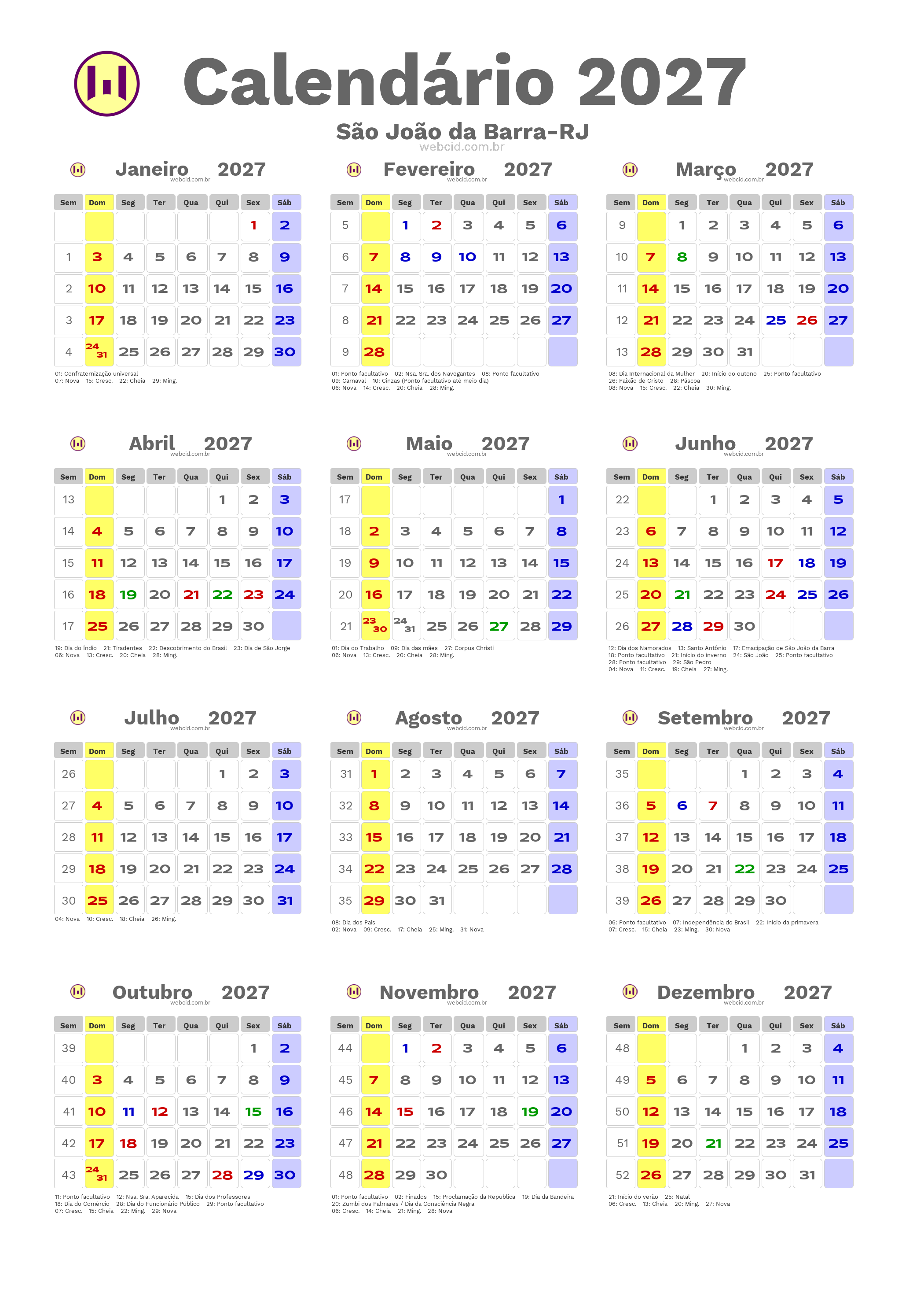 Calendário 2027 - São João da Barra-RJ com feriados e fases da lua