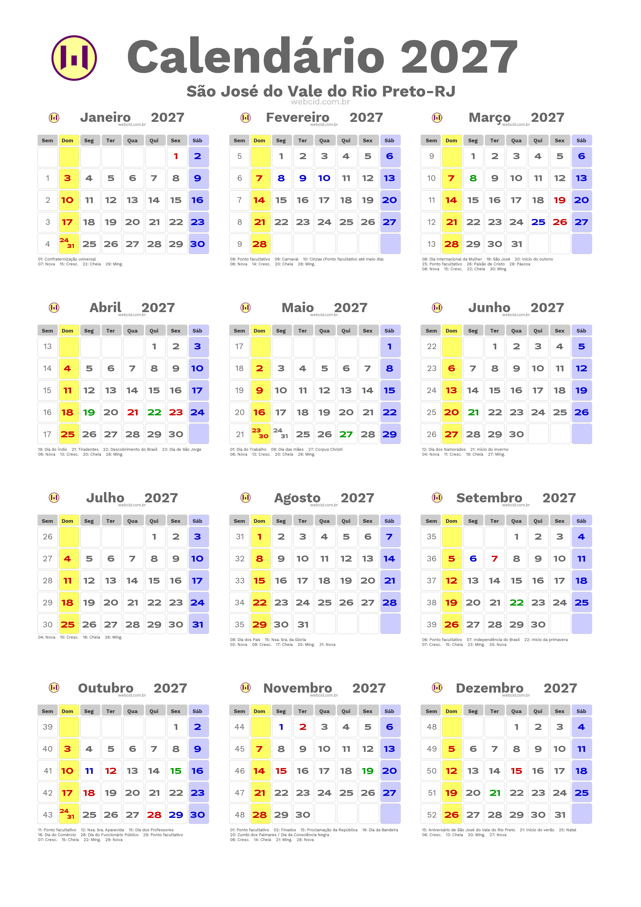 Calendário 2027 - São José do Vale do Rio Preto-RJ com feriados e fases da lua