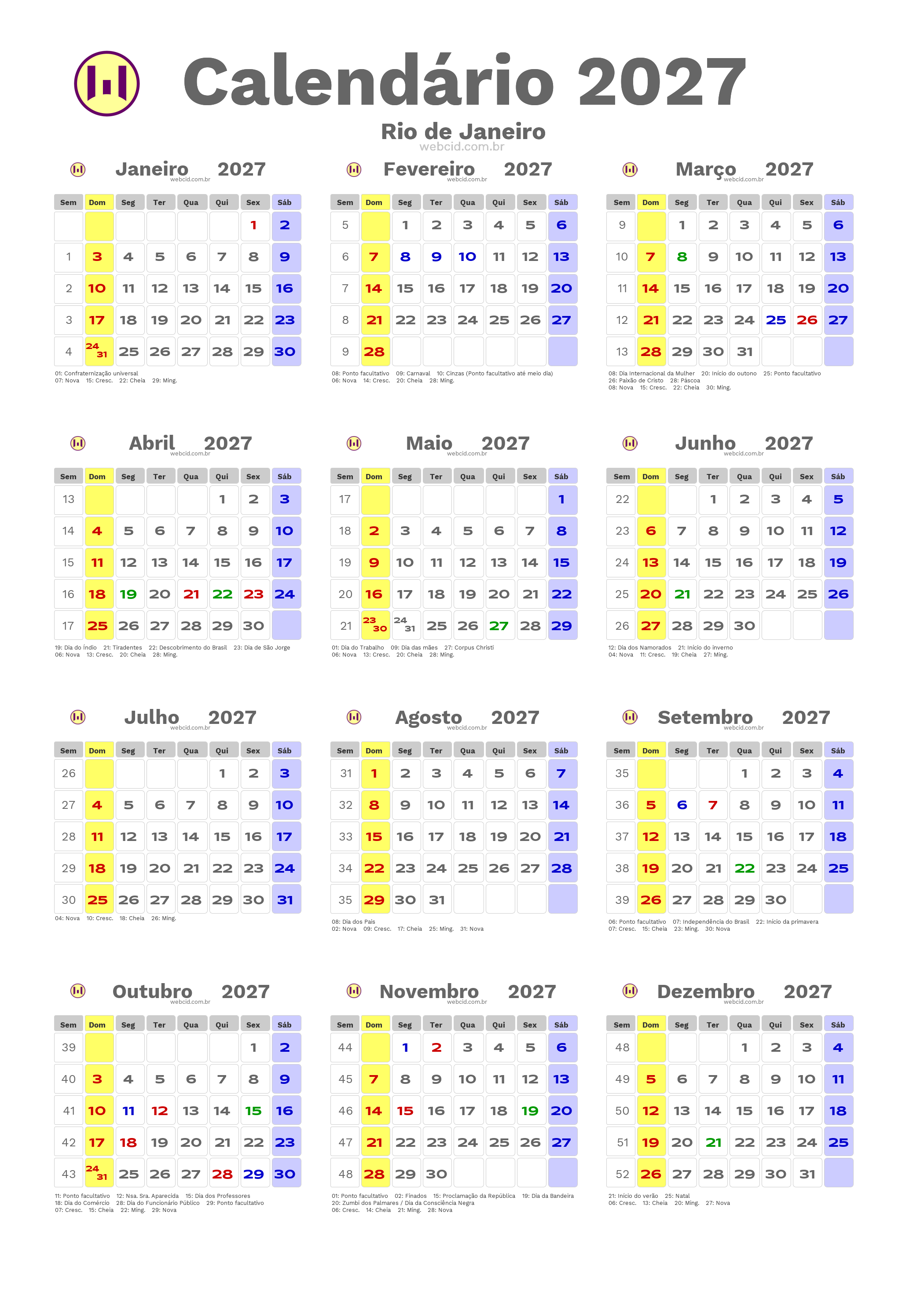 Calendário 2027 - Rio de Janeiro com feriados e fases da lua