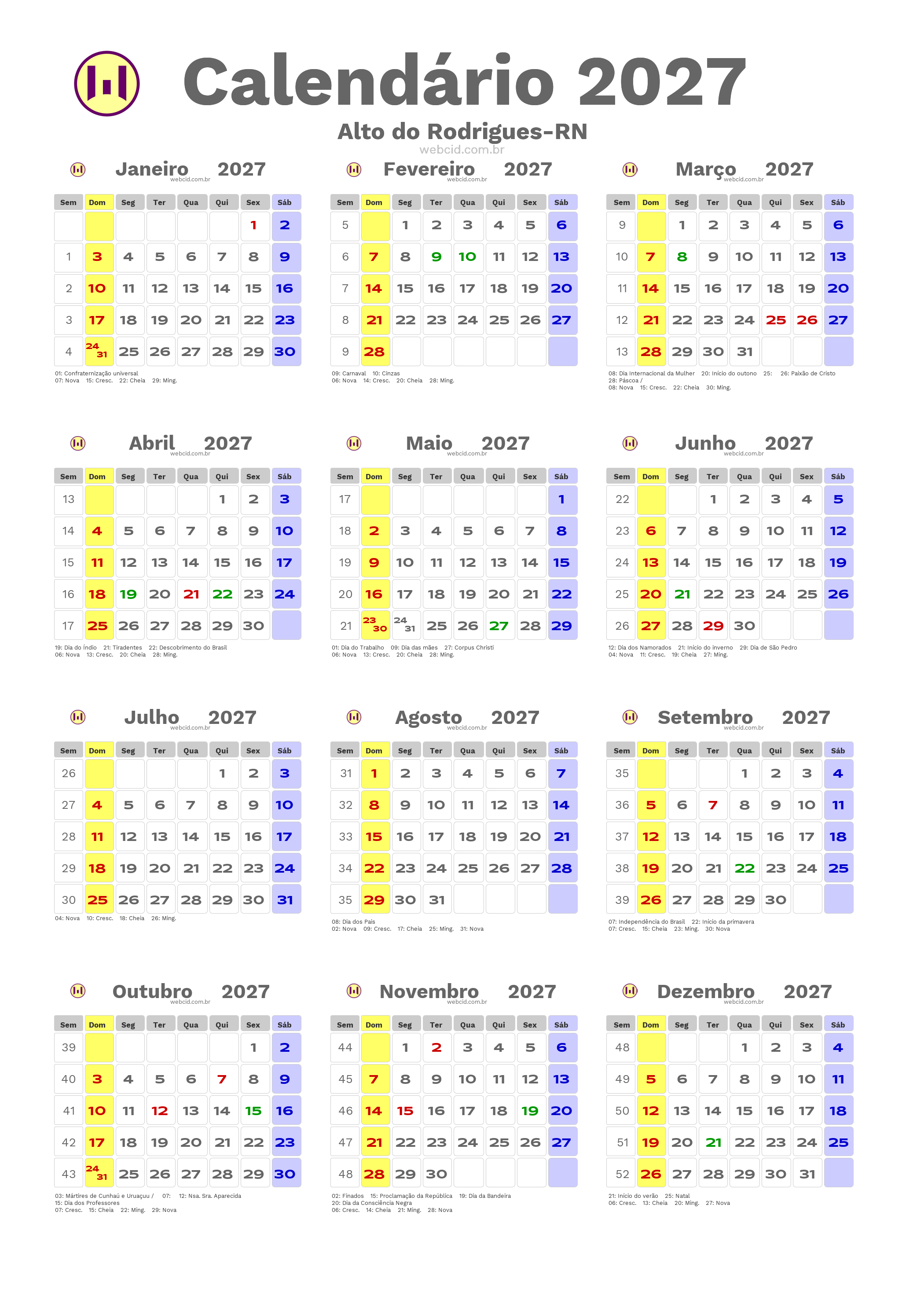 Calendário 2027 - Alto do Rodrigues-RN com feriados e fases da lua
