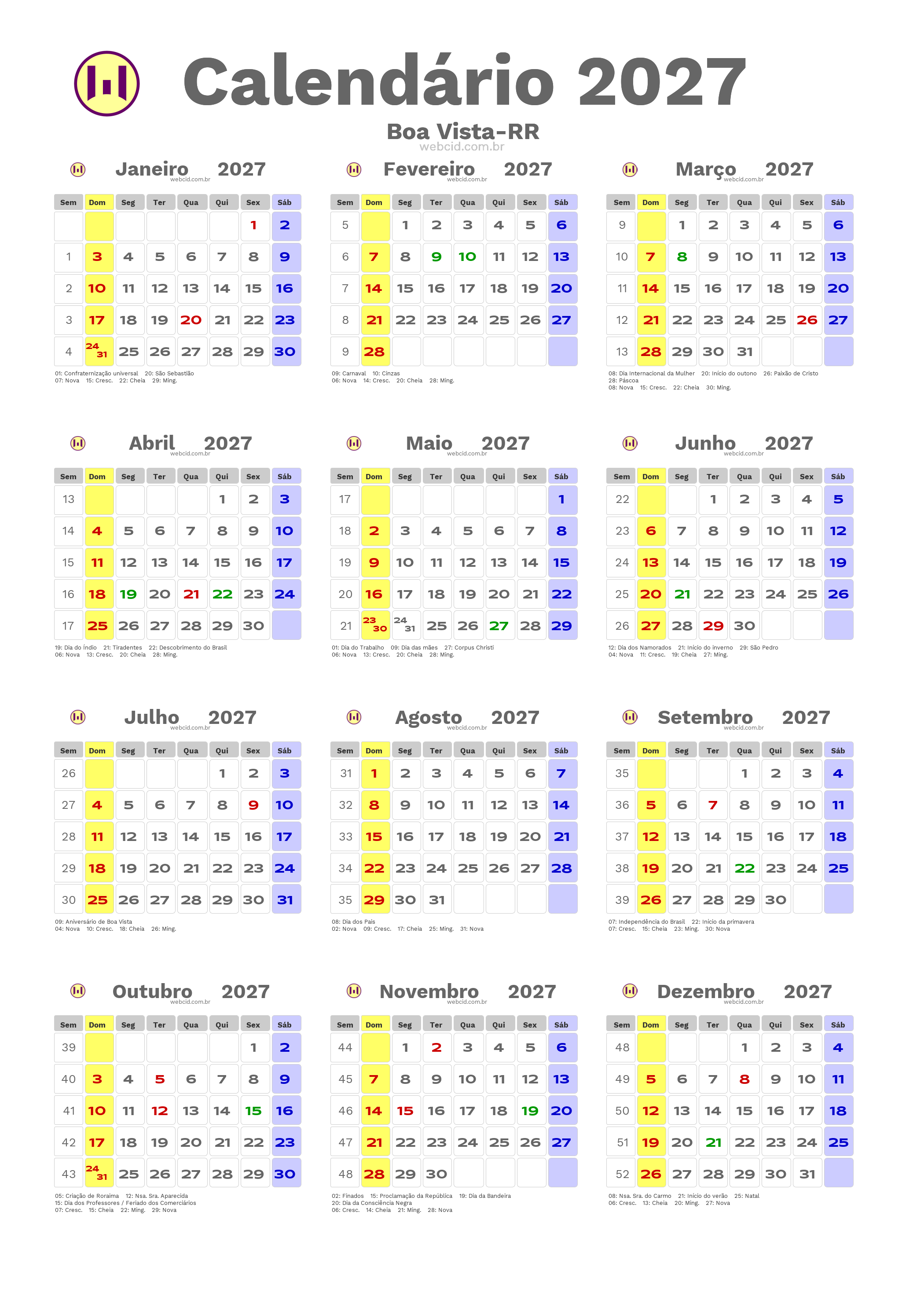 Calendário 2027 - Boa Vista-RR com feriados e fases da lua