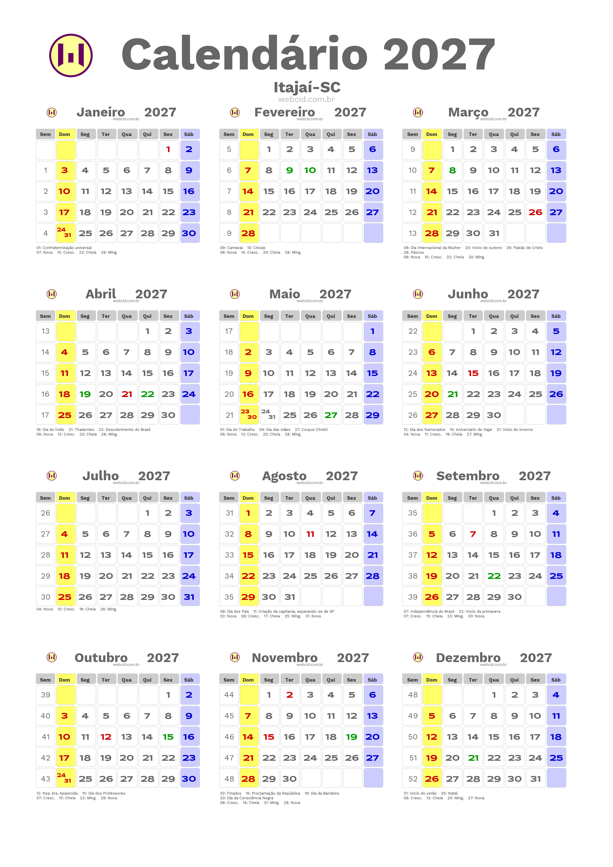 Calendário 2027 - Itajaí-SC com feriados e fases da lua