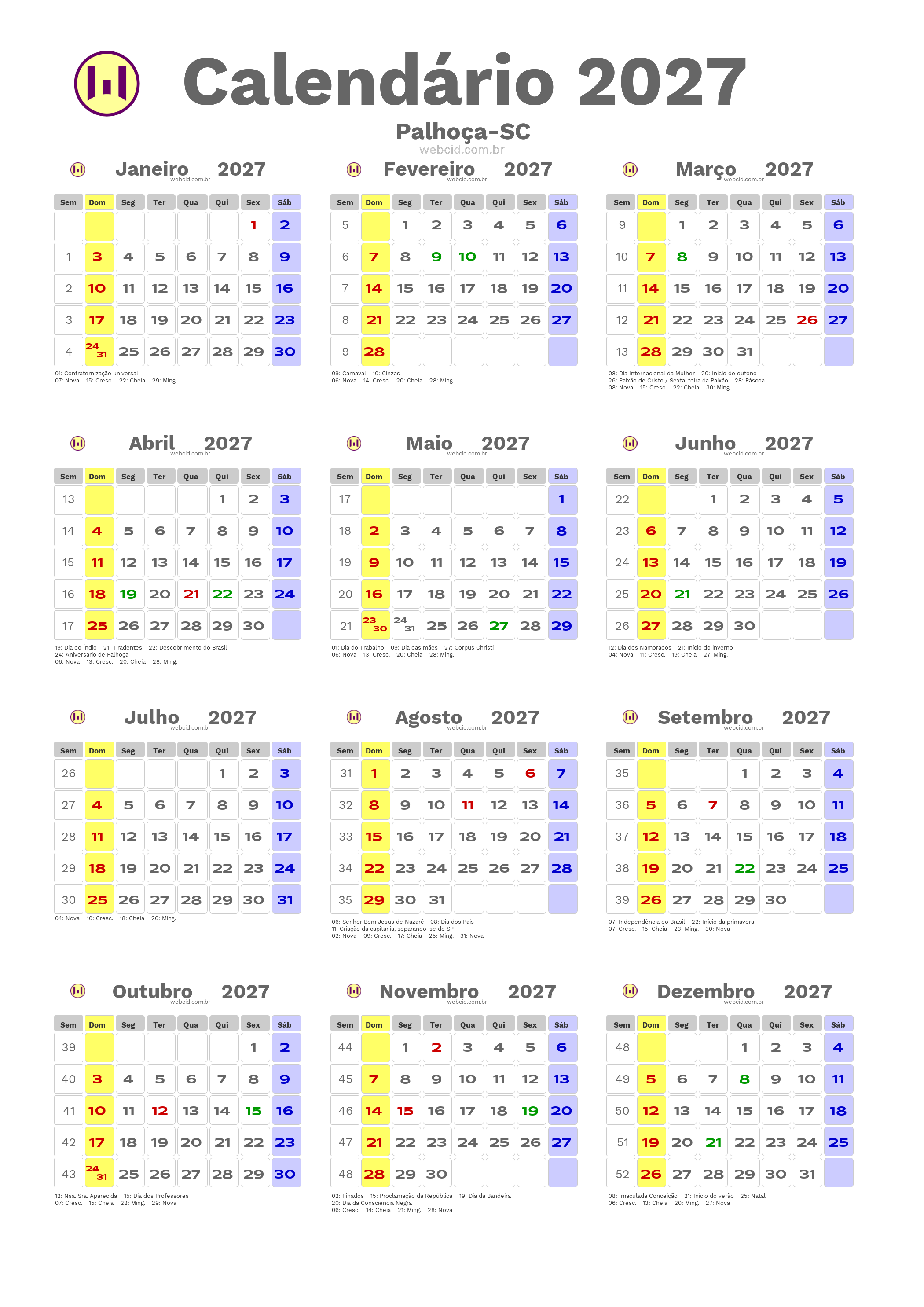 Calendário 2027 - Palhoça-SC com feriados e fases da lua